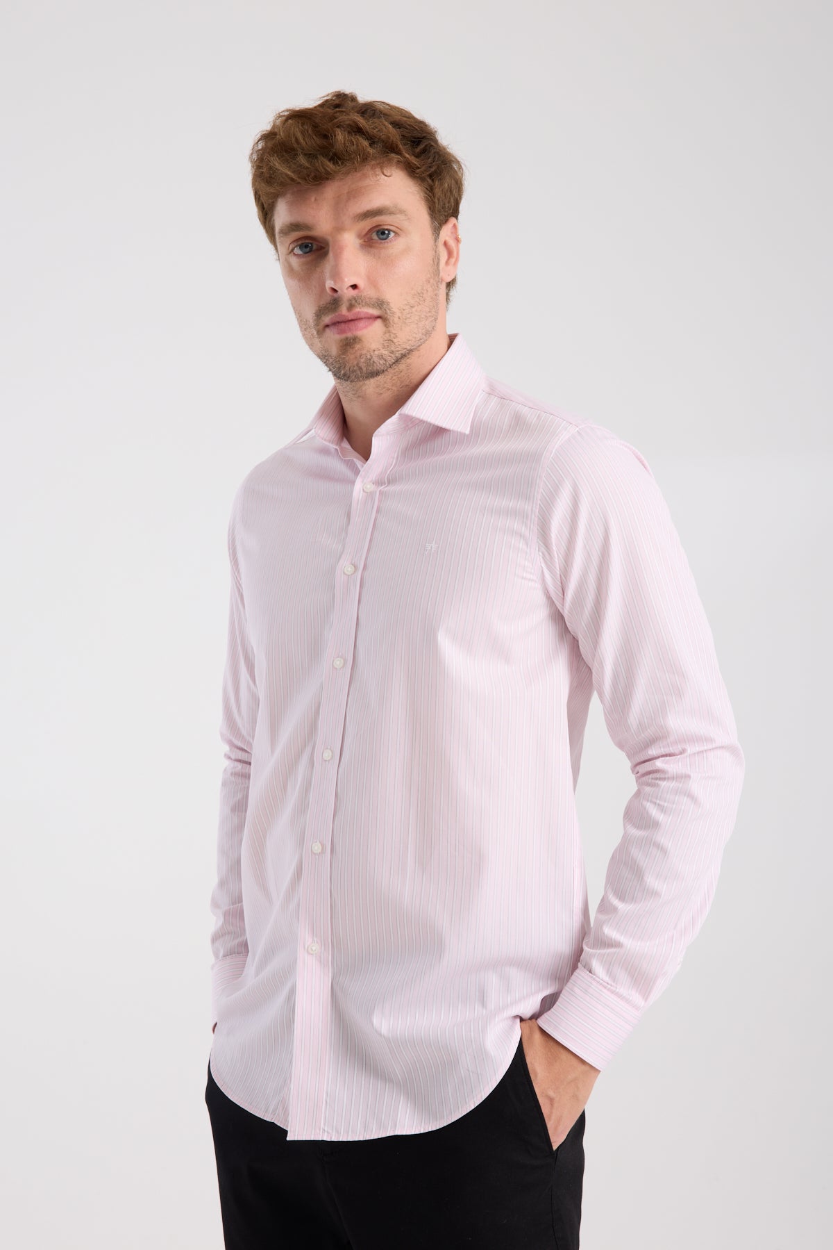 AClub AC10081 Twill Pamuklu Slim Fit Pembe Klasik Yaka Erkek Çizgili Gömlek