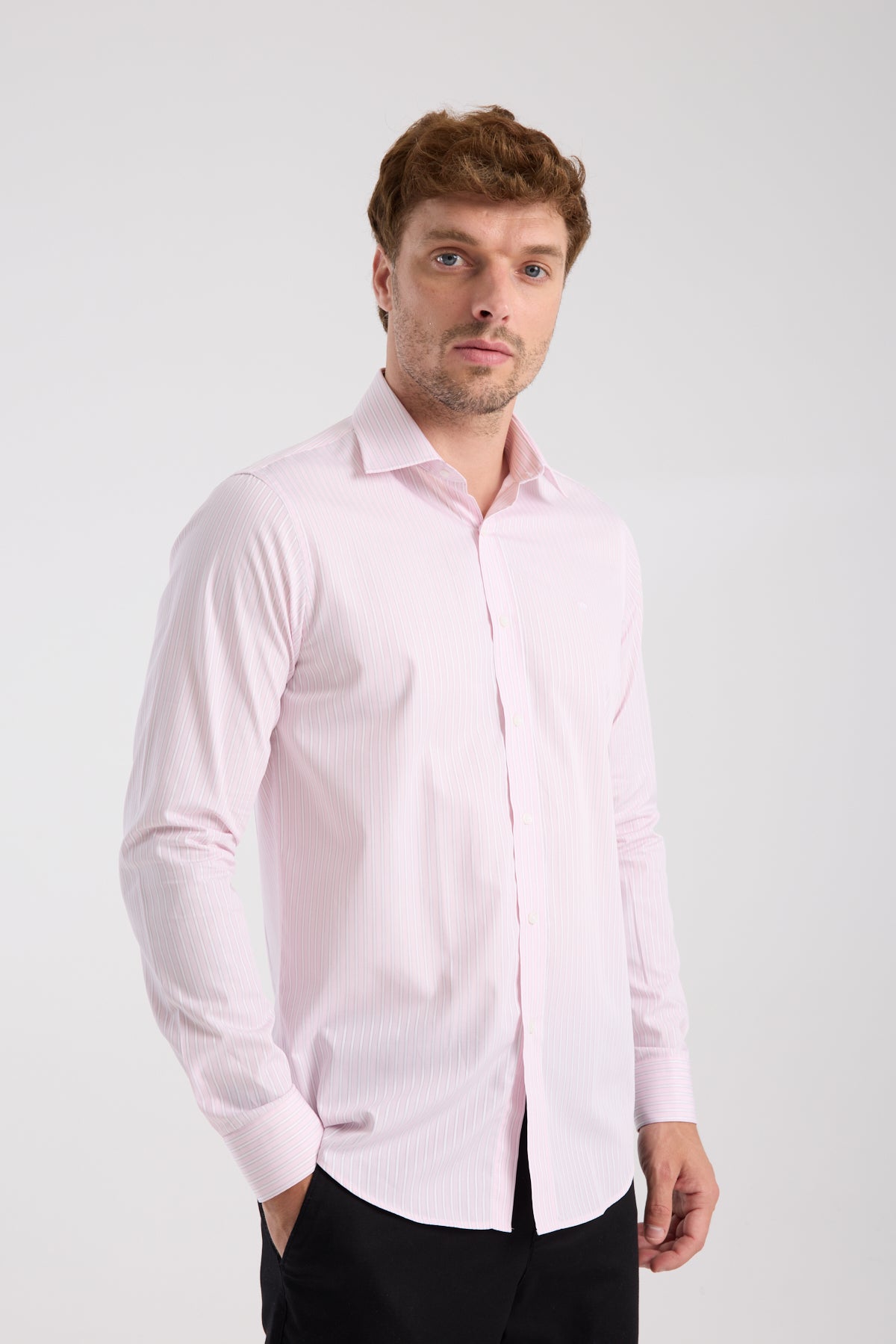 AClub AC10081 Twill Pamuklu Slim Fit Pembe Klasik Yaka Erkek Çizgili Gömlek