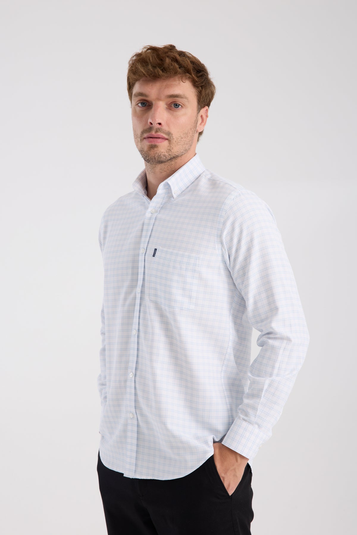 AClub AC10082 Oxford Pamuk Karışımlı Regular Fit Açık Mavi Düğmeli Yaka Erkek Kareli Gömlek