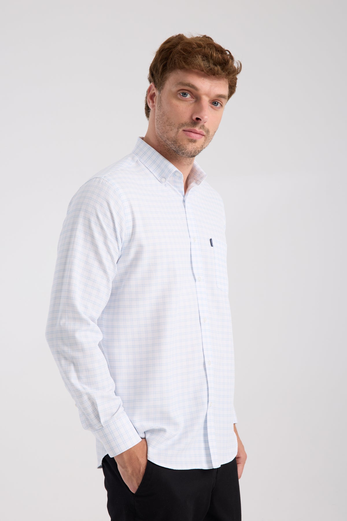 AClub AC10082 Oxford Pamuk Karışımlı Regular Fit Açık Mavi Düğmeli Yaka Erkek Kareli Gömlek