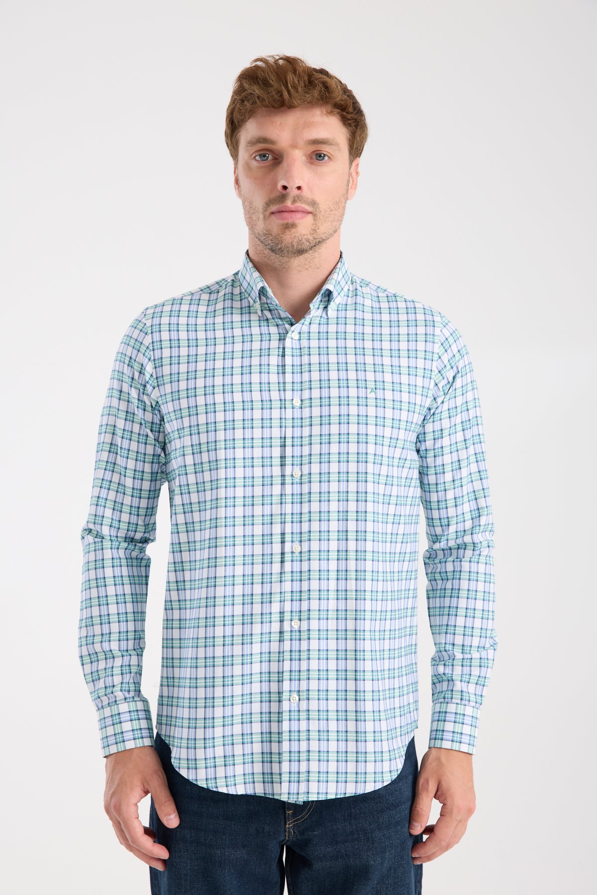 AClub AC10083 Oxford Pamuk Karışımlı Slim Fit Yeşil Düğmeli Yaka Erkek Kareli Gömlek