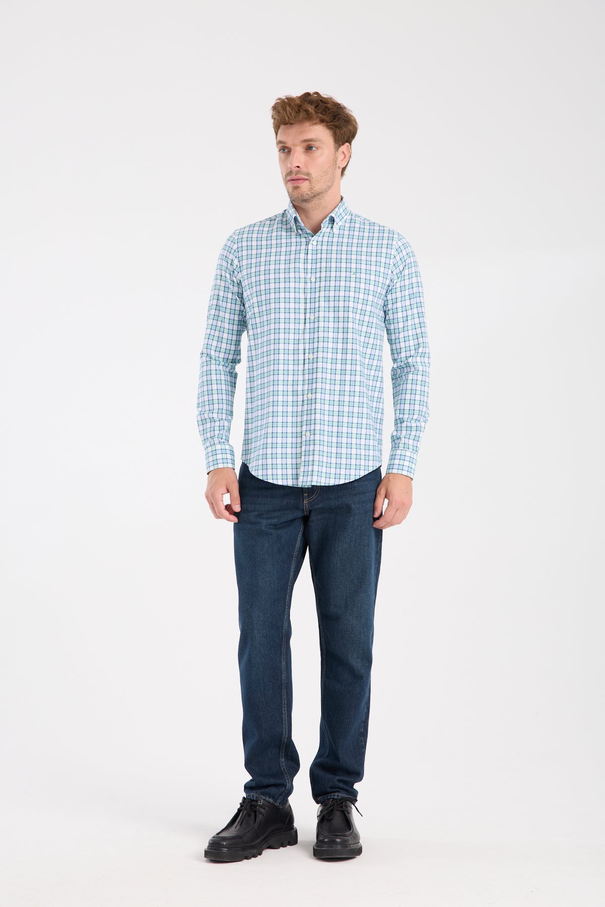 AClub AC10083 Oxford Pamuk Karışımlı Slim Fit Yeşil Düğmeli Yaka Erkek Kareli Gömlek