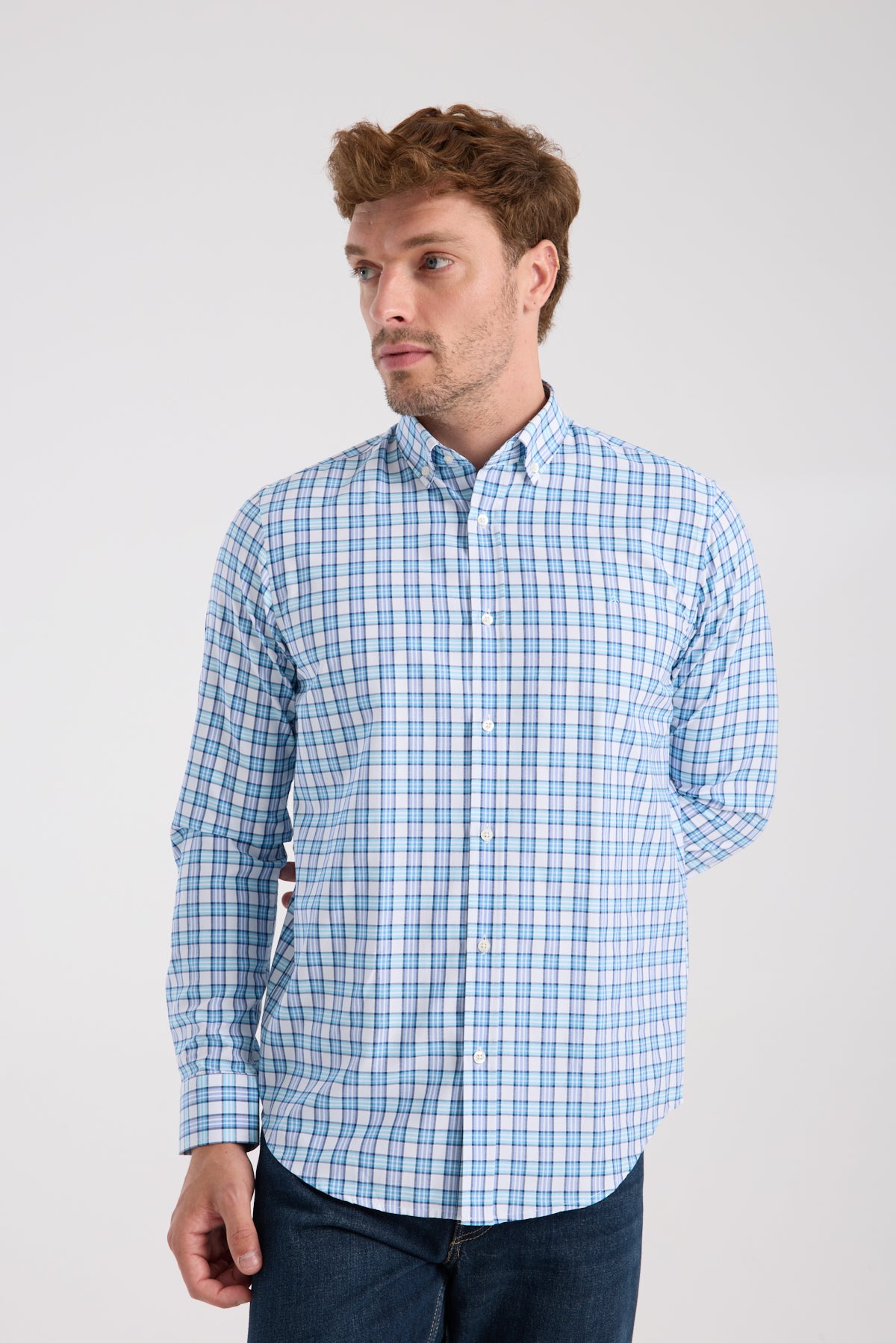 AClub AC10083 Oxford Pamuk Karışımlı Slim Fit Turkuaz Düğmeli Yaka Erkek Kareli Gömlek