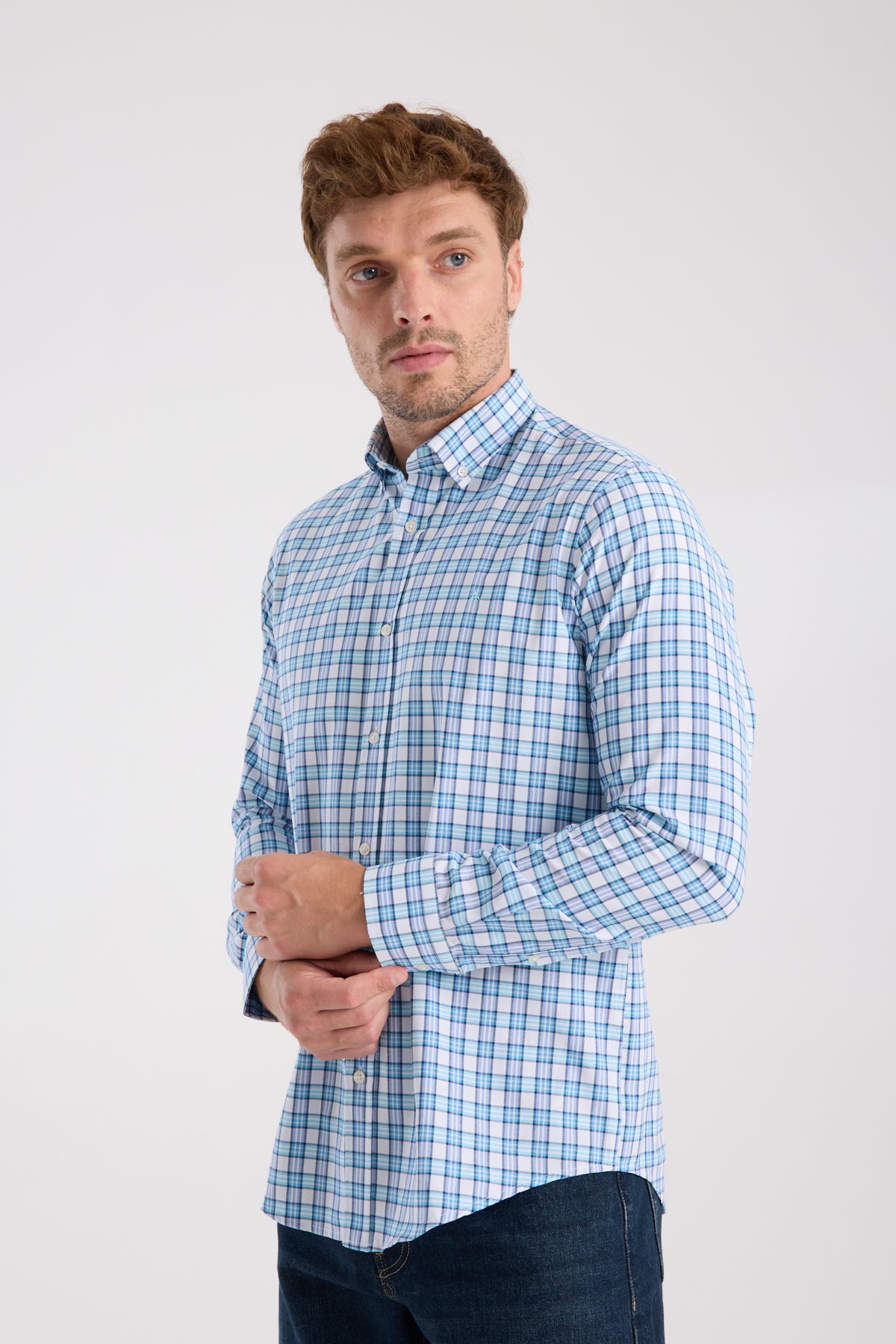 AClub AC10083 Oxford Pamuk Karışımlı Slim Fit Turkuaz Düğmeli Yaka Erkek Kareli Gömlek