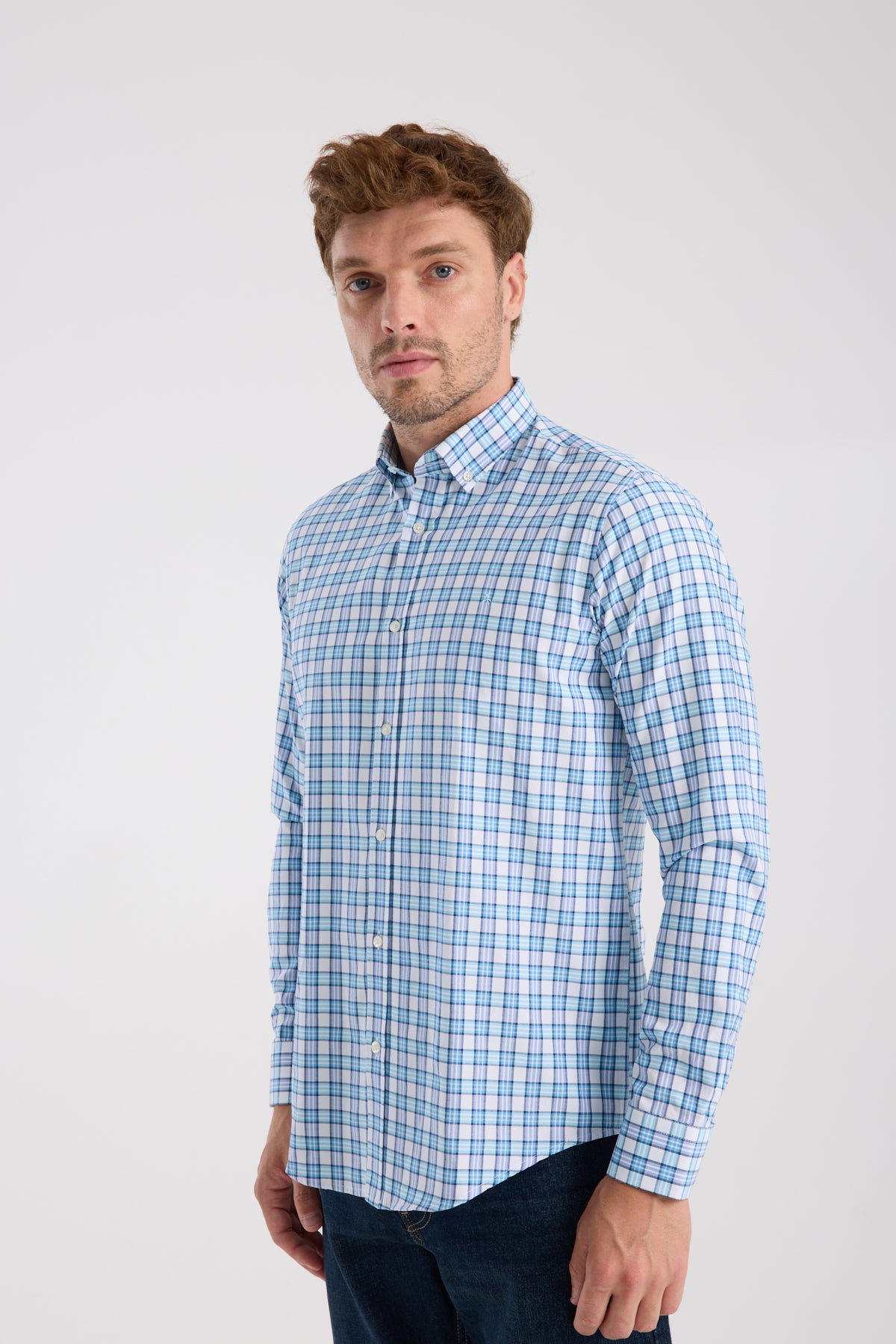 AClub AC10083 Oxford Pamuk Karışımlı Slim Fit Turkuaz Düğmeli Yaka Erkek Kareli Gömlek