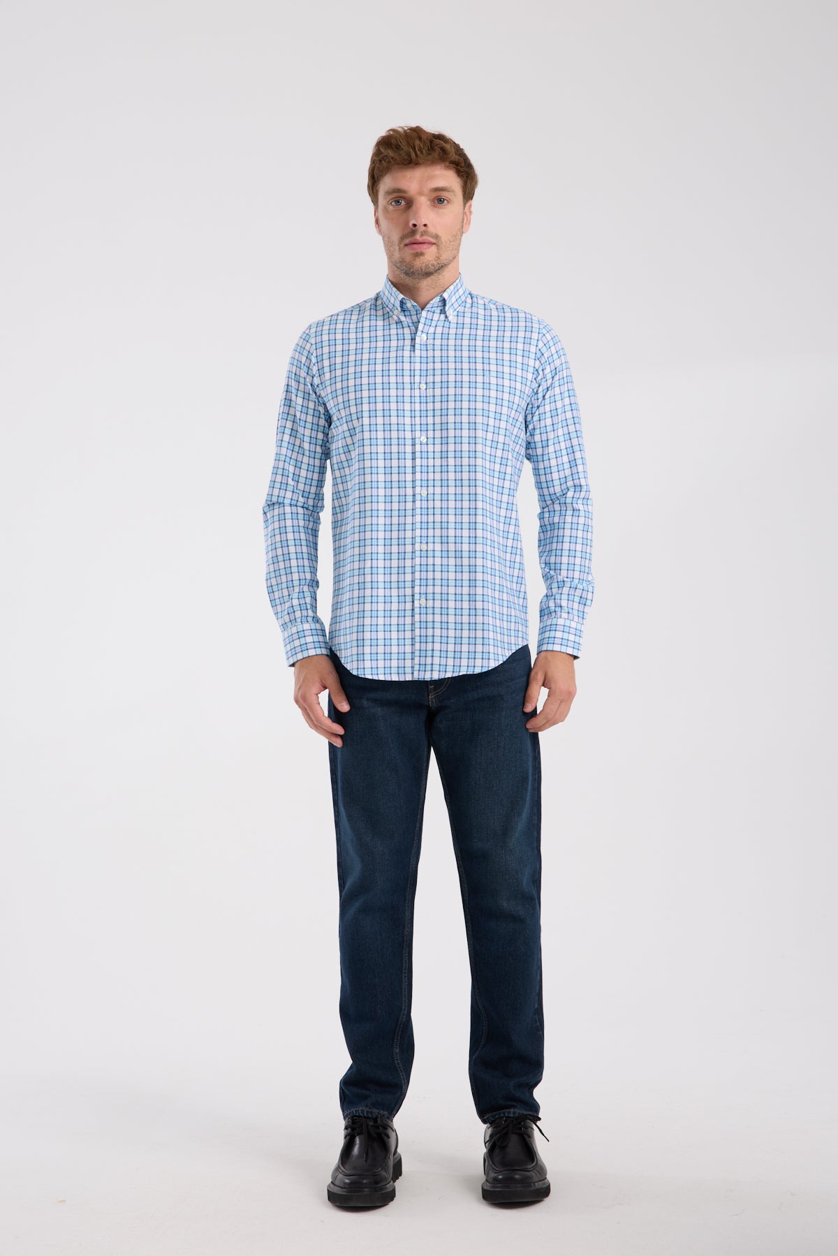 AClub AC10083 Oxford Pamuk Karışımlı Slim Fit Turkuaz Düğmeli Yaka Erkek Kareli Gömlek