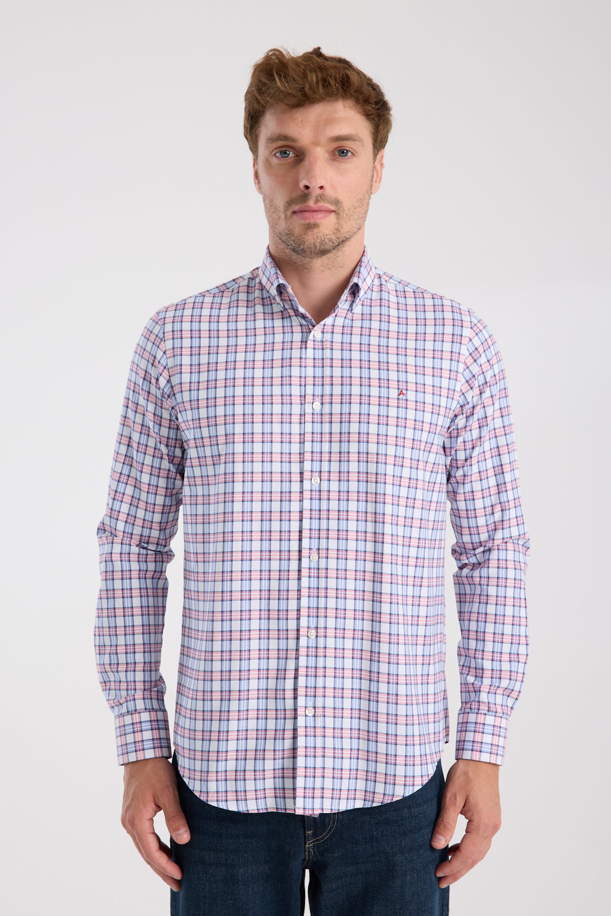 AClub AC10083 Oxford Pamuk Karışımlı Slim Fit Kırmızı Düğmeli Yaka Erkek Kareli Gömlek