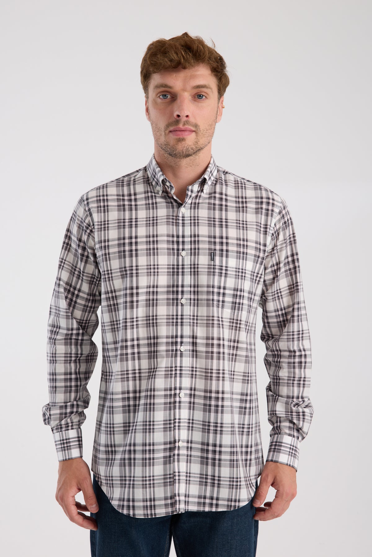 AClub AC10084 Poplin Pamuklu Regular Fit Gri Düğmeli Yaka Erkek Kareli Gömlek