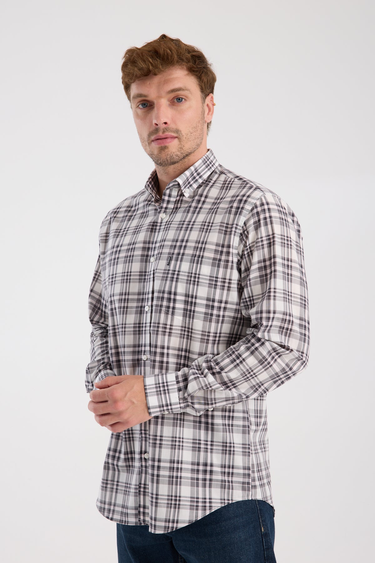 AClub AC10084 Poplin Pamuklu Regular Fit Gri Düğmeli Yaka Erkek Kareli Gömlek