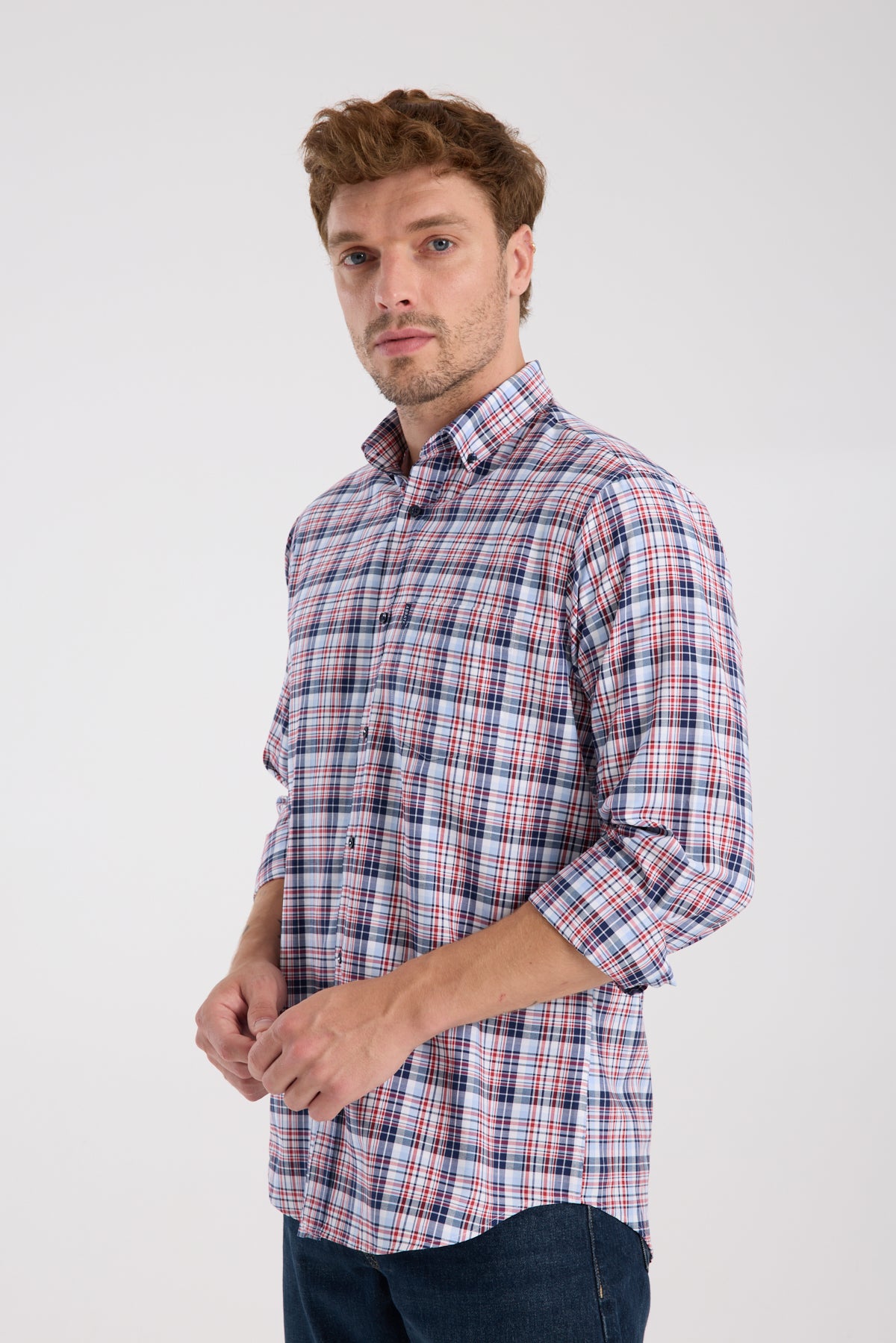 AClub AC10084 Poplin Pamuklu Regular Fit Kırmızı Düğmeli Yaka Erkek Kareli Gömlek