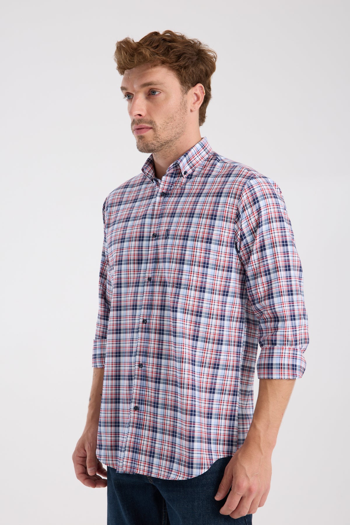 AClub AC10084 Poplin Pamuklu Regular Fit Kırmızı Düğmeli Yaka Erkek Kareli Gömlek