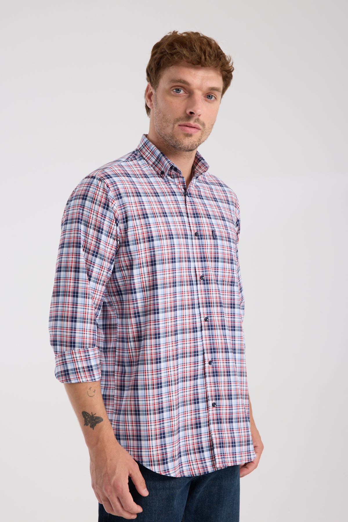 AClub AC10084 Poplin Pamuklu Regular Fit Kırmızı Düğmeli Yaka Erkek Kareli Gömlek