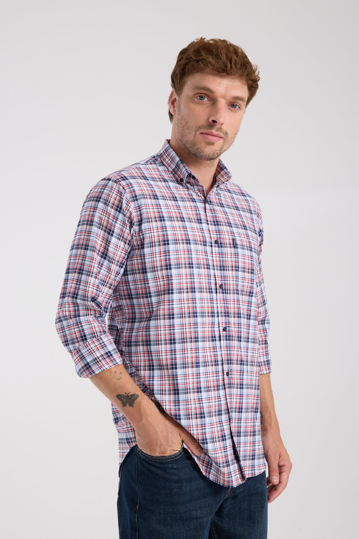 AClub AC10084 Poplin Pamuklu Regular Fit Kırmızı Düğmeli Yaka Erkek Kareli Gömlek