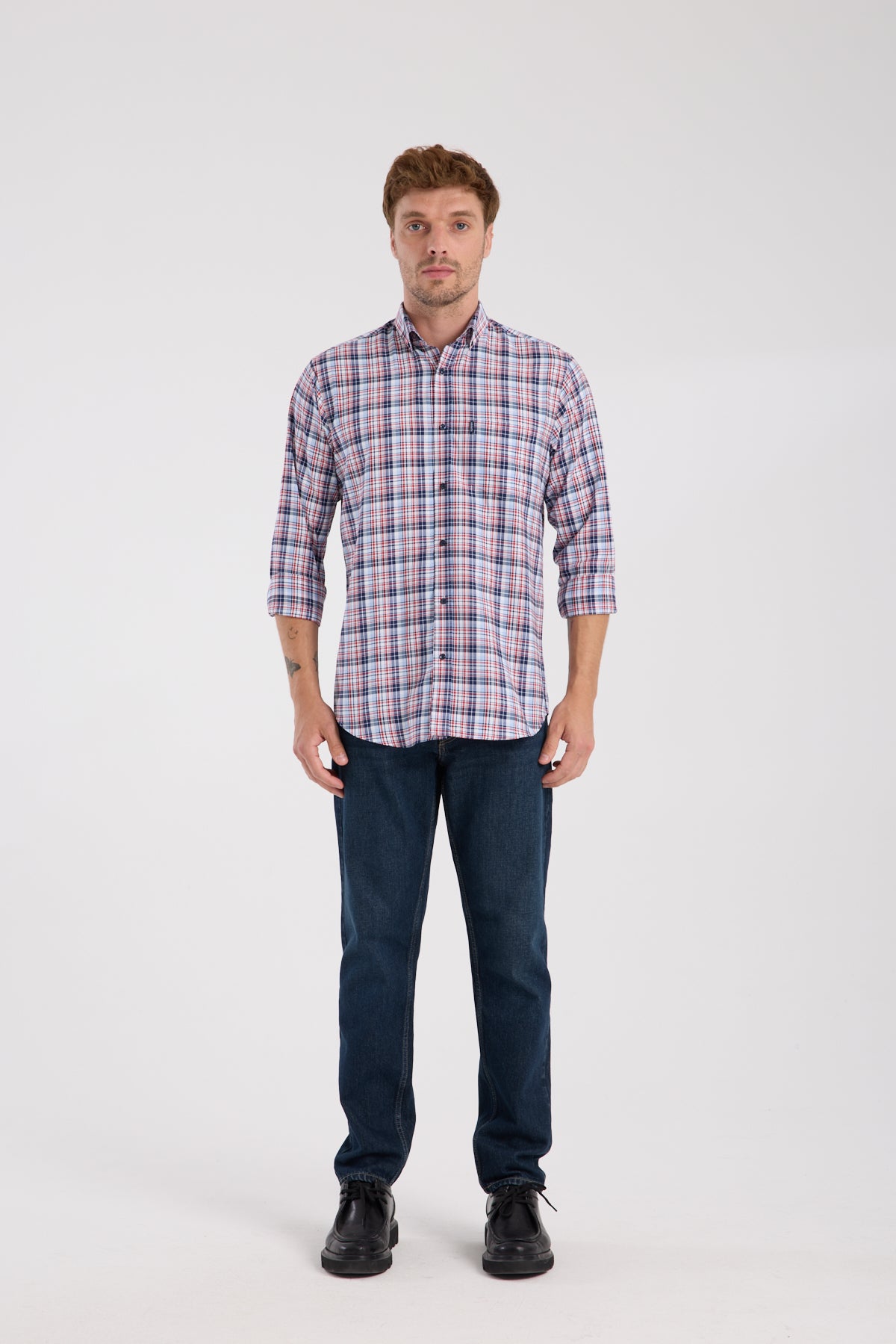 AClub AC10084 Poplin Pamuklu Regular Fit Kırmızı Düğmeli Yaka Erkek Kareli Gömlek