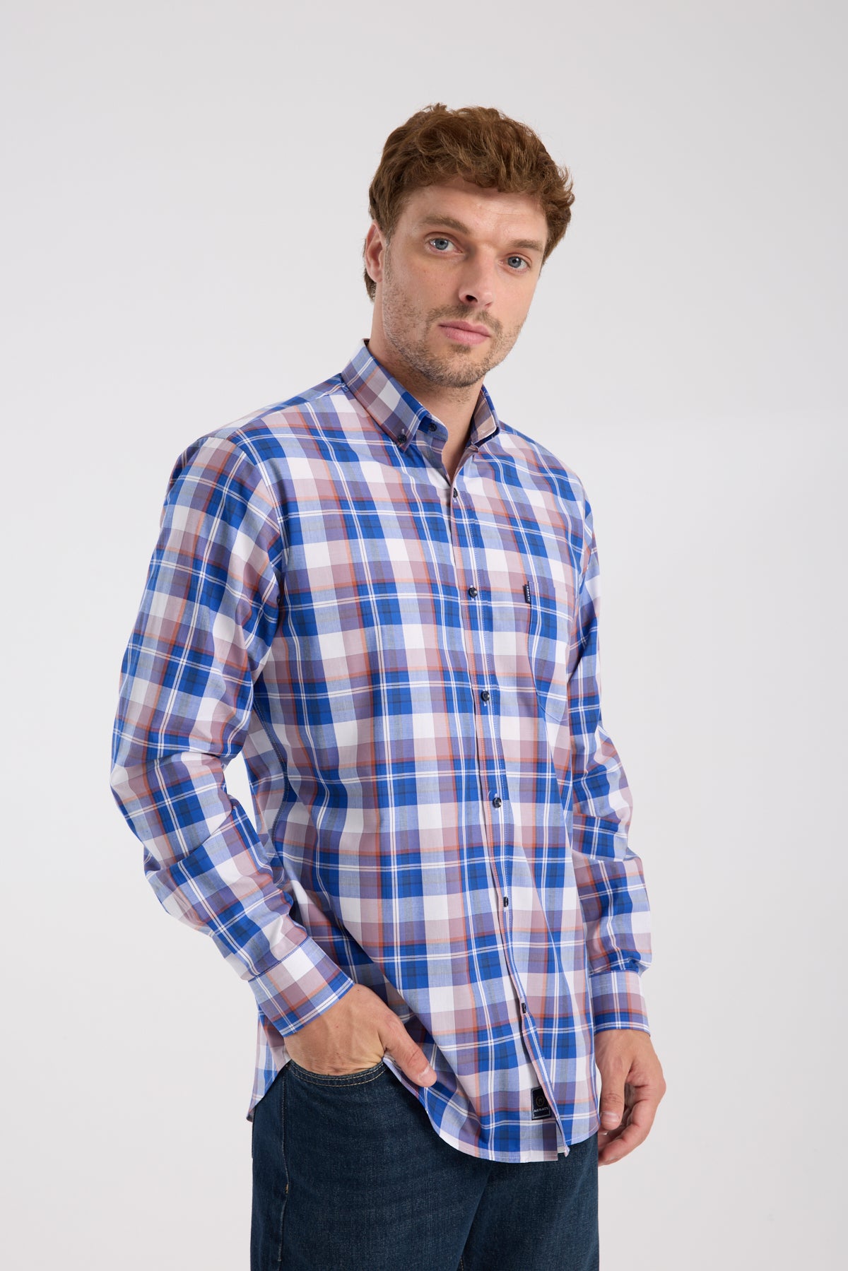 AClub AC10085 Poplin Pamuklu Regular Fit Lacivert Düğmeli Yaka Erkek Kareli Gömlek