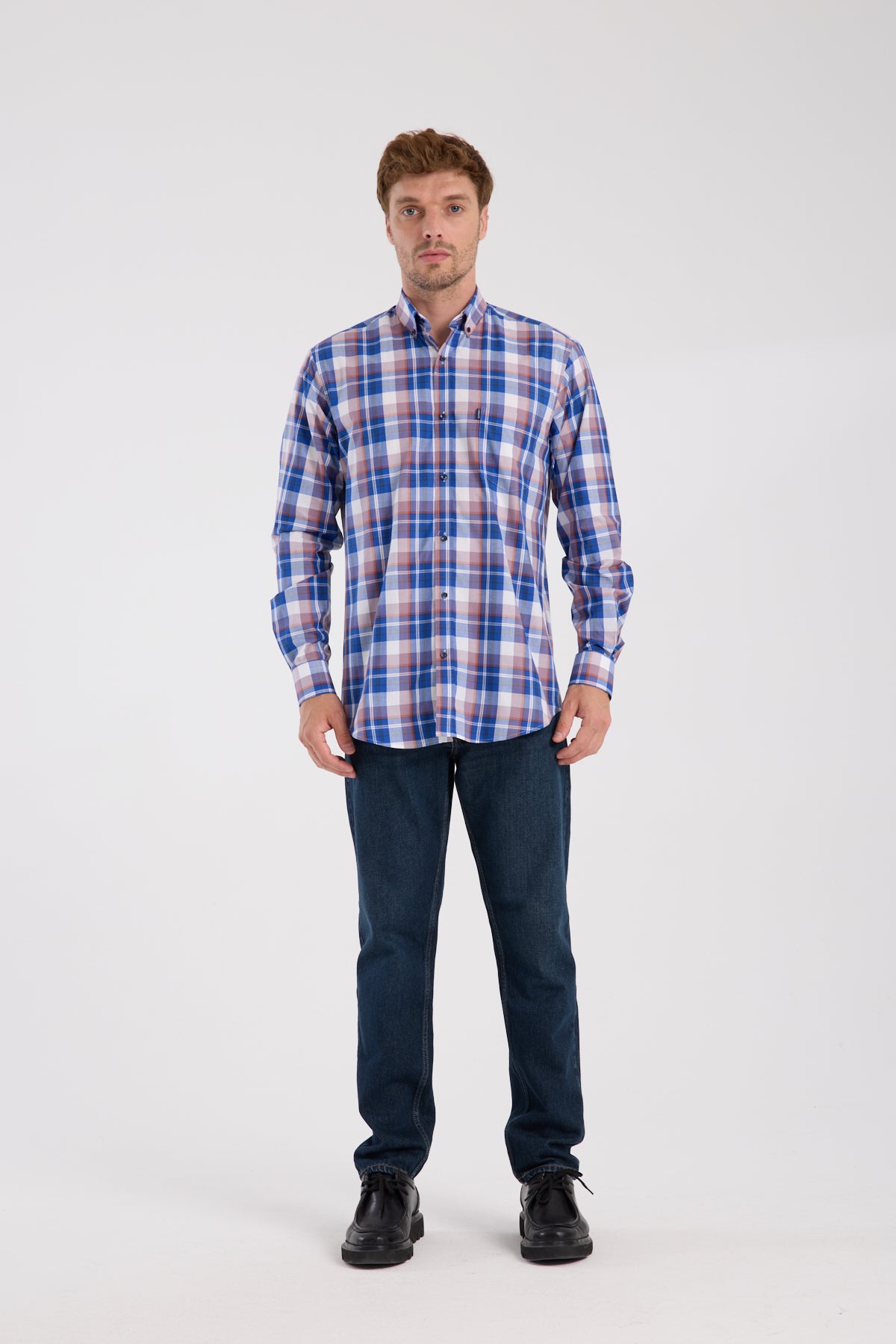 AClub AC10085 Poplin Pamuklu Regular Fit Lacivert Düğmeli Yaka Erkek Kareli Gömlek