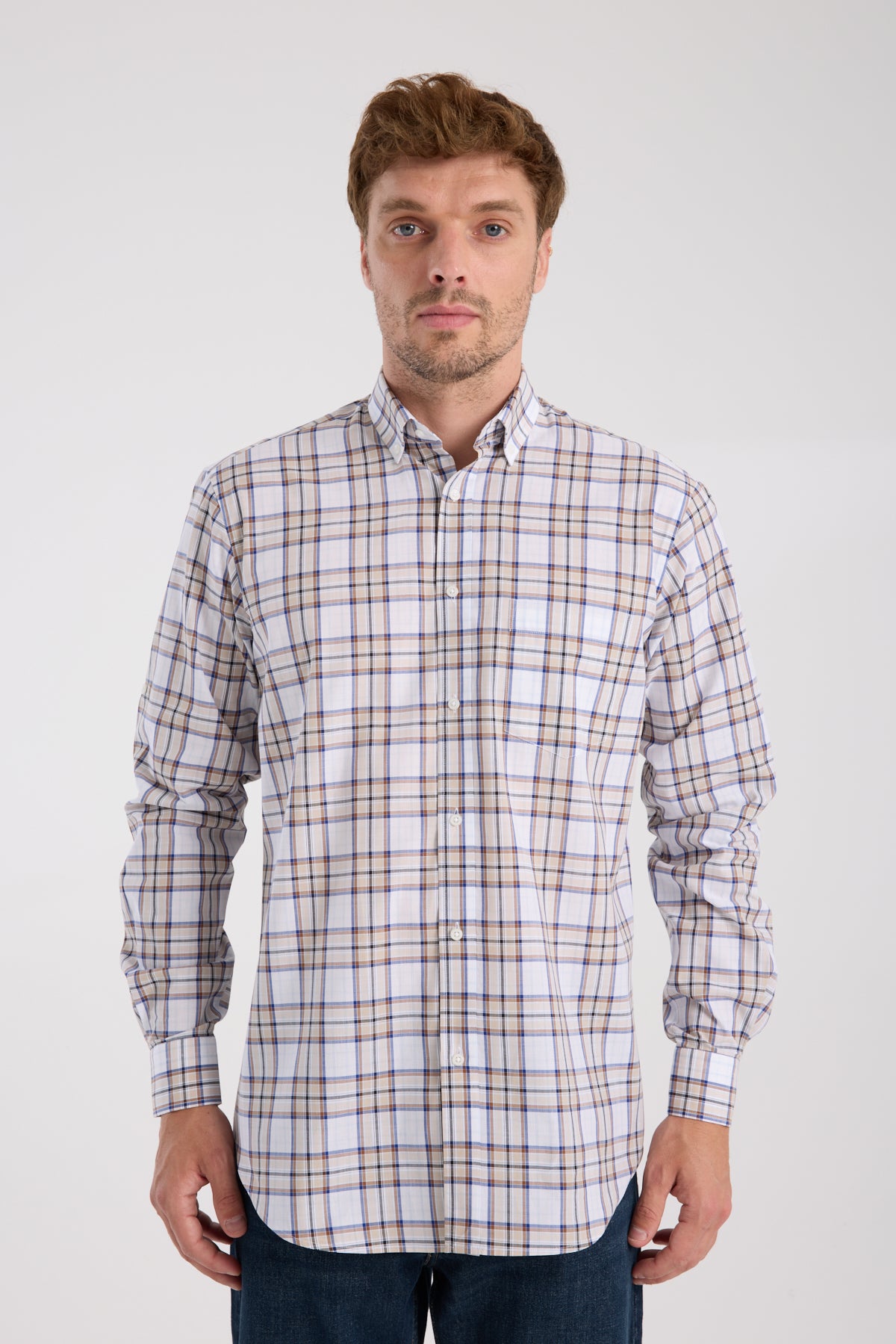 AClub AC10086 Poplin Pamuklu Regular Fit Kahverengi Düğmeli Yaka Erkek Kareli Gömlek