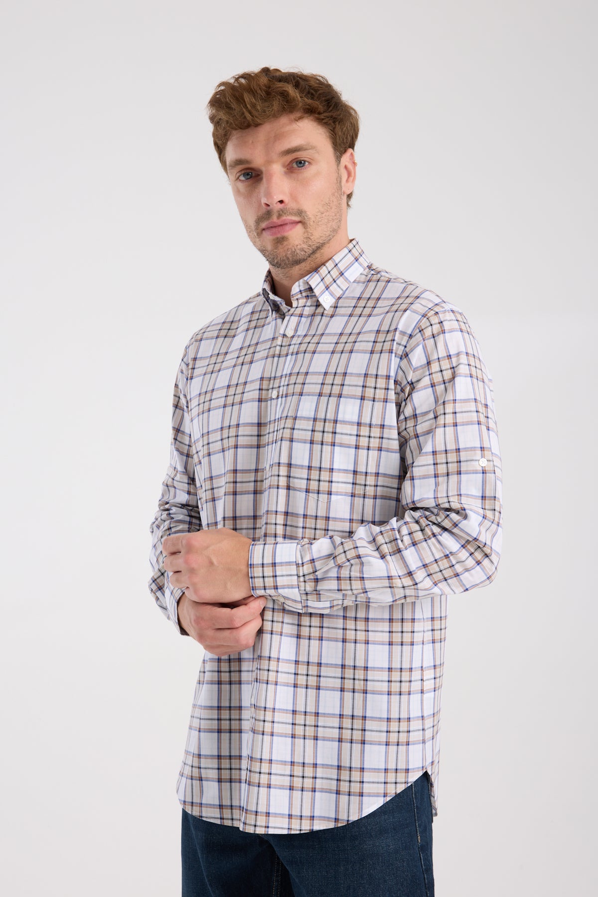 AClub AC10086 Poplin Pamuklu Regular Fit Kahverengi Düğmeli Yaka Erkek Kareli Gömlek