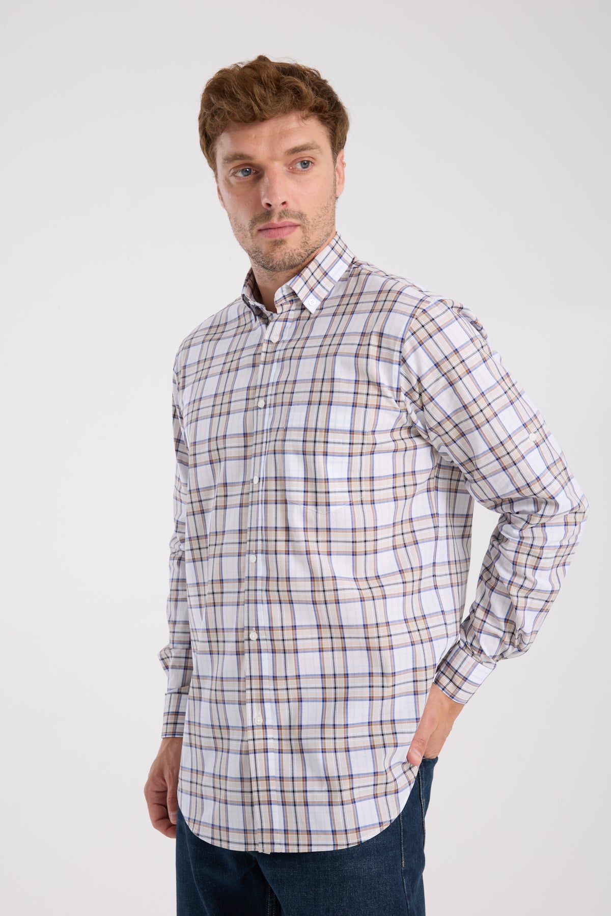 AClub AC10086 Poplin Pamuklu Regular Fit Kahverengi Düğmeli Yaka Erkek Kareli Gömlek