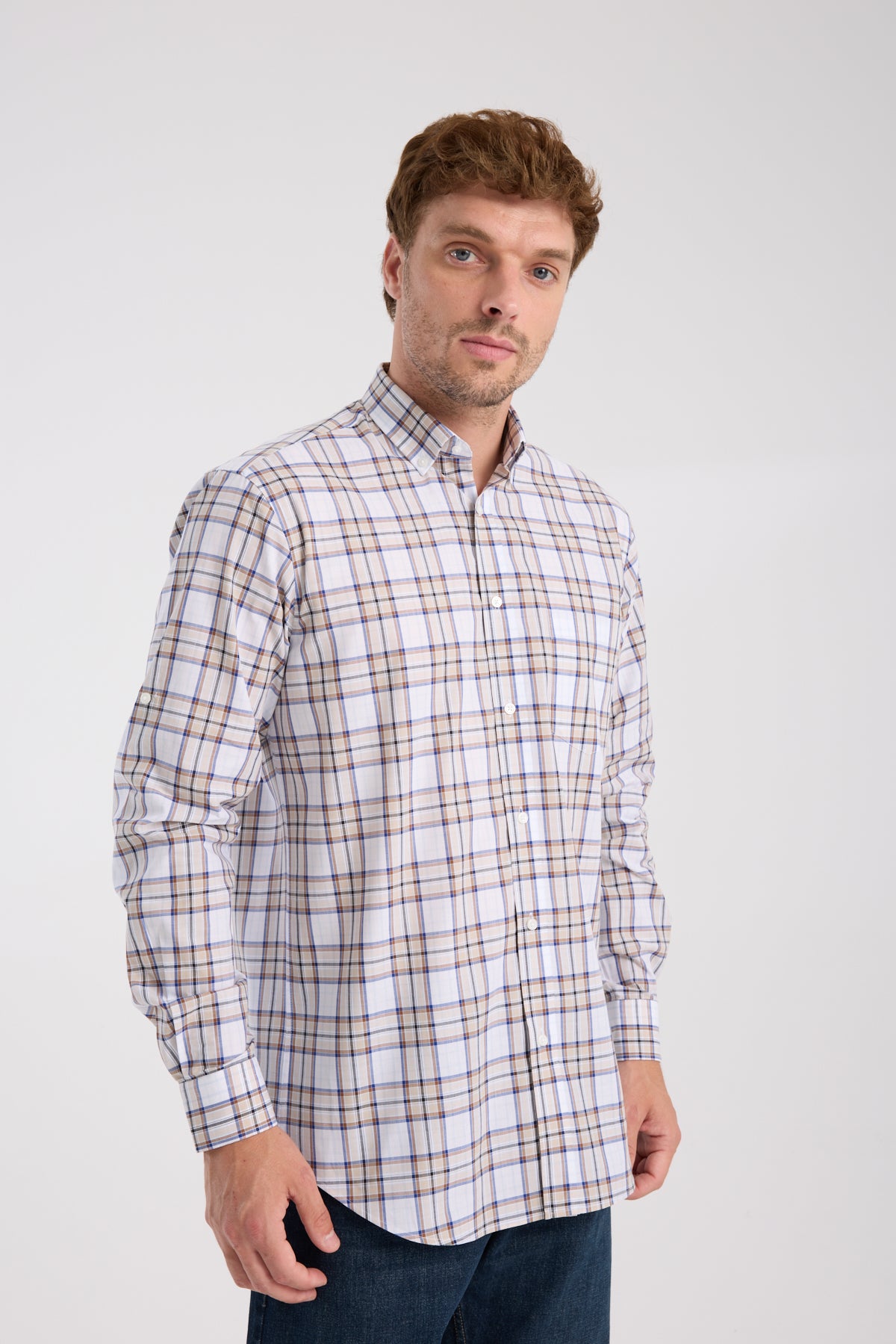 AClub AC10086 Poplin Pamuklu Regular Fit Kahverengi Düğmeli Yaka Erkek Kareli Gömlek