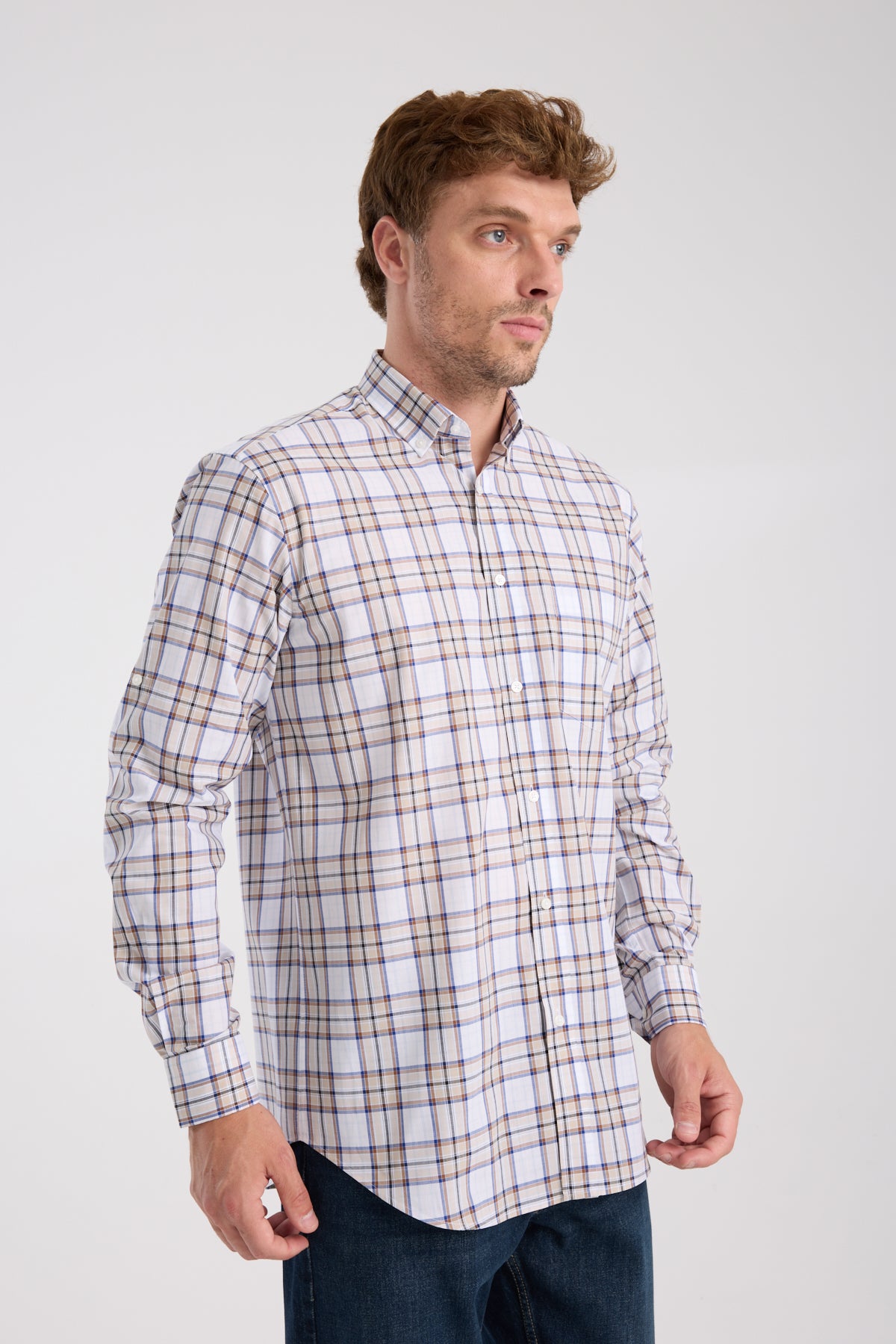 AClub AC10086 Poplin Pamuklu Regular Fit Kahverengi Düğmeli Yaka Erkek Kareli Gömlek