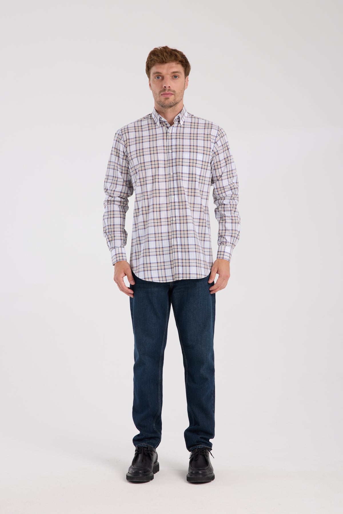 AClub AC10086 Poplin Pamuklu Regular Fit Kahverengi Düğmeli Yaka Erkek Kareli Gömlek