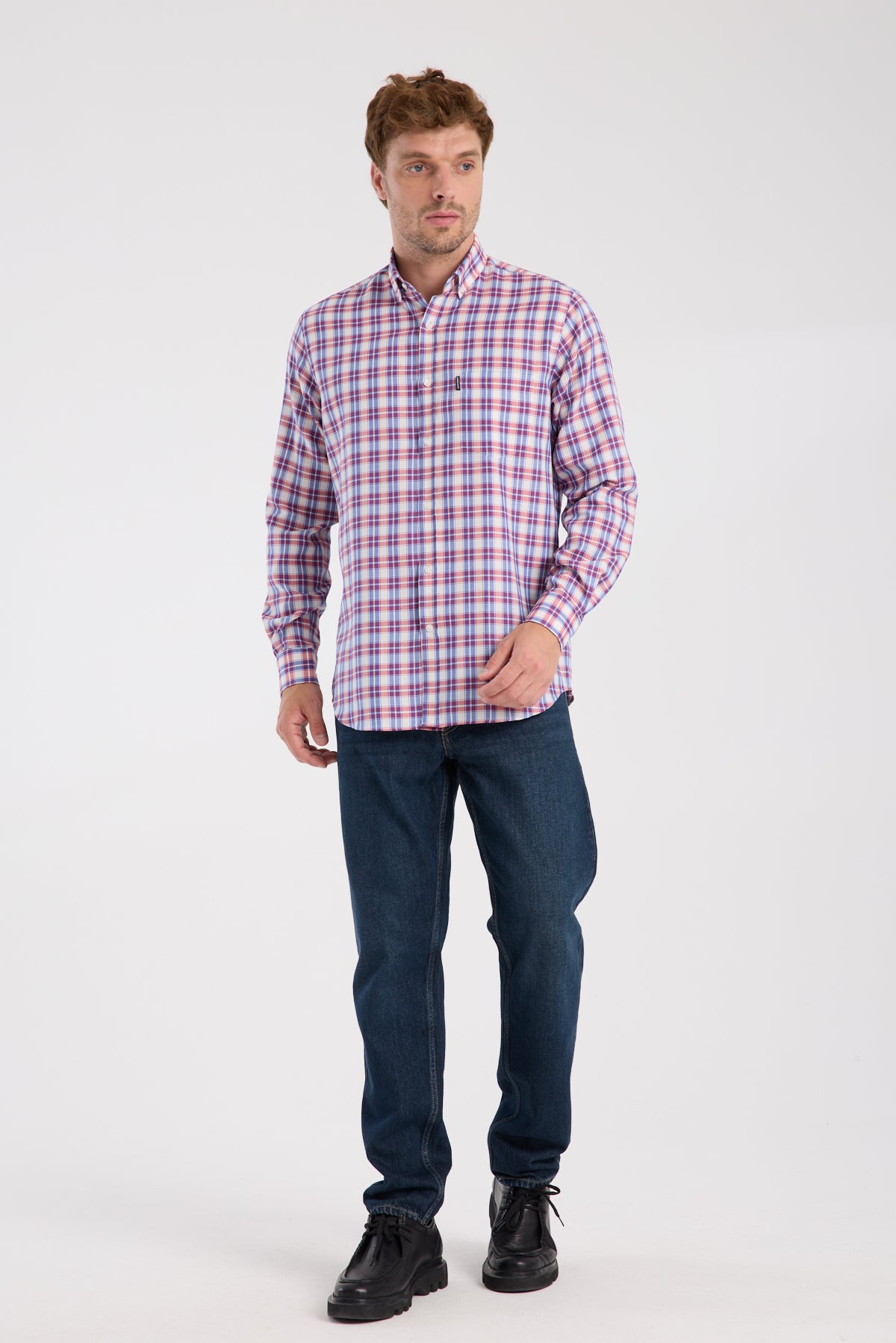 AClub AC10087 Poplin Pamuklu Regular Fit Kırmızı Düğmeli Yaka Erkek Kareli Gömlek