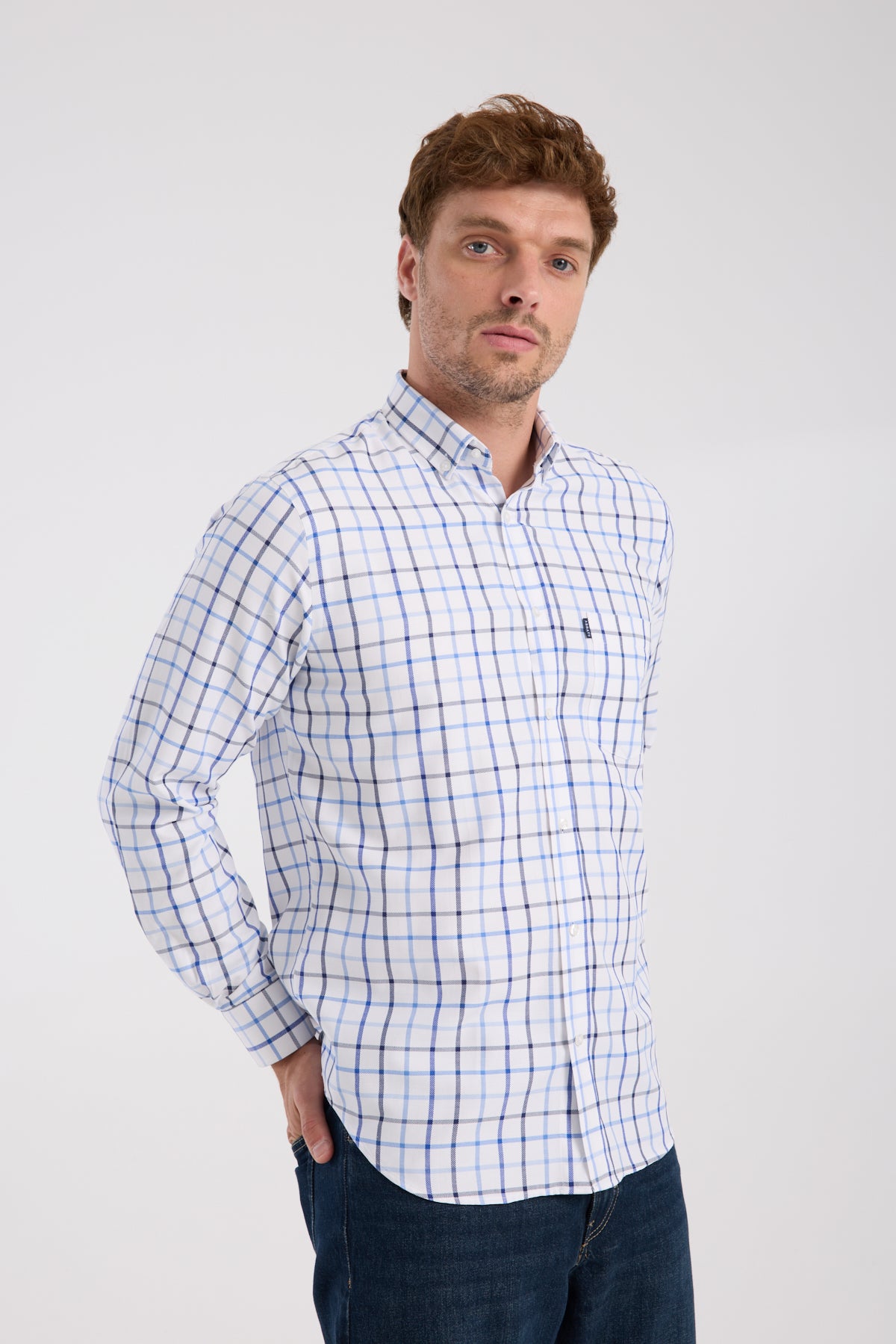AClub AC10088 Oxford Pamuk Karışımlı Regular Fit Lacivert Düğmeli Yaka Erkek Kareli Gömlek