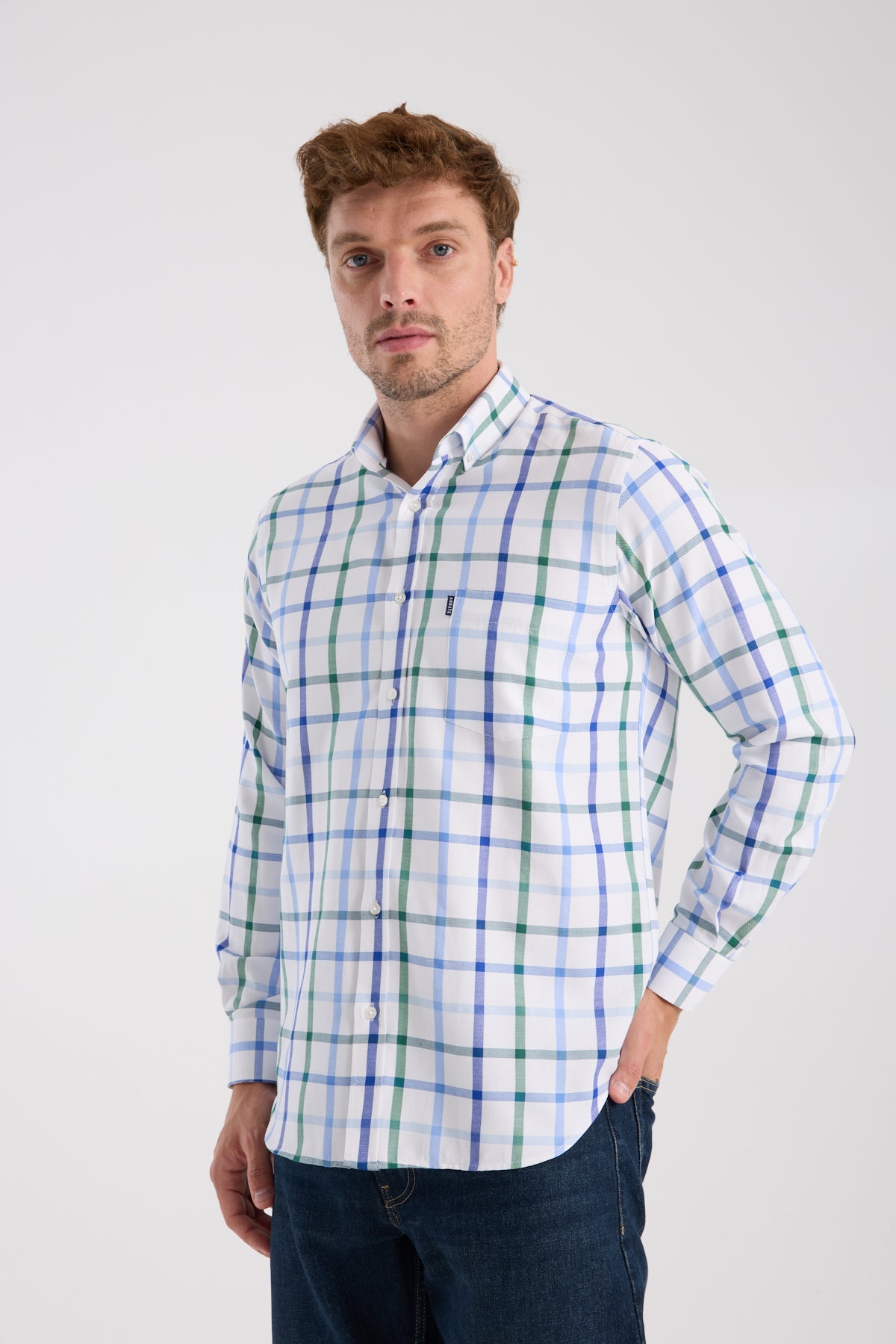 AClub AC10089 Oxford Pamuk Karışımlı Regular Fit Yeşil Düğmeli Yaka Erkek Kareli Gömlek