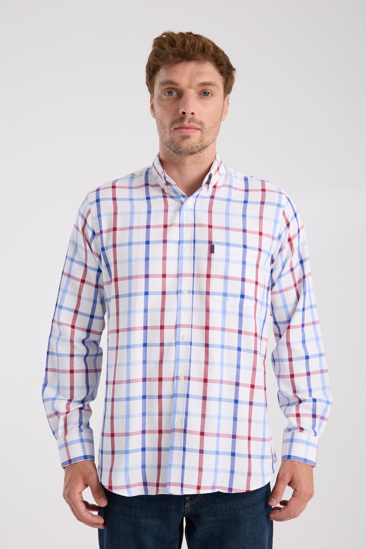 AClub AC10089 Oxford Pamuk Karışımlı Regular Fit Kırmızı Düğmeli Yaka Erkek Kareli Gömlek