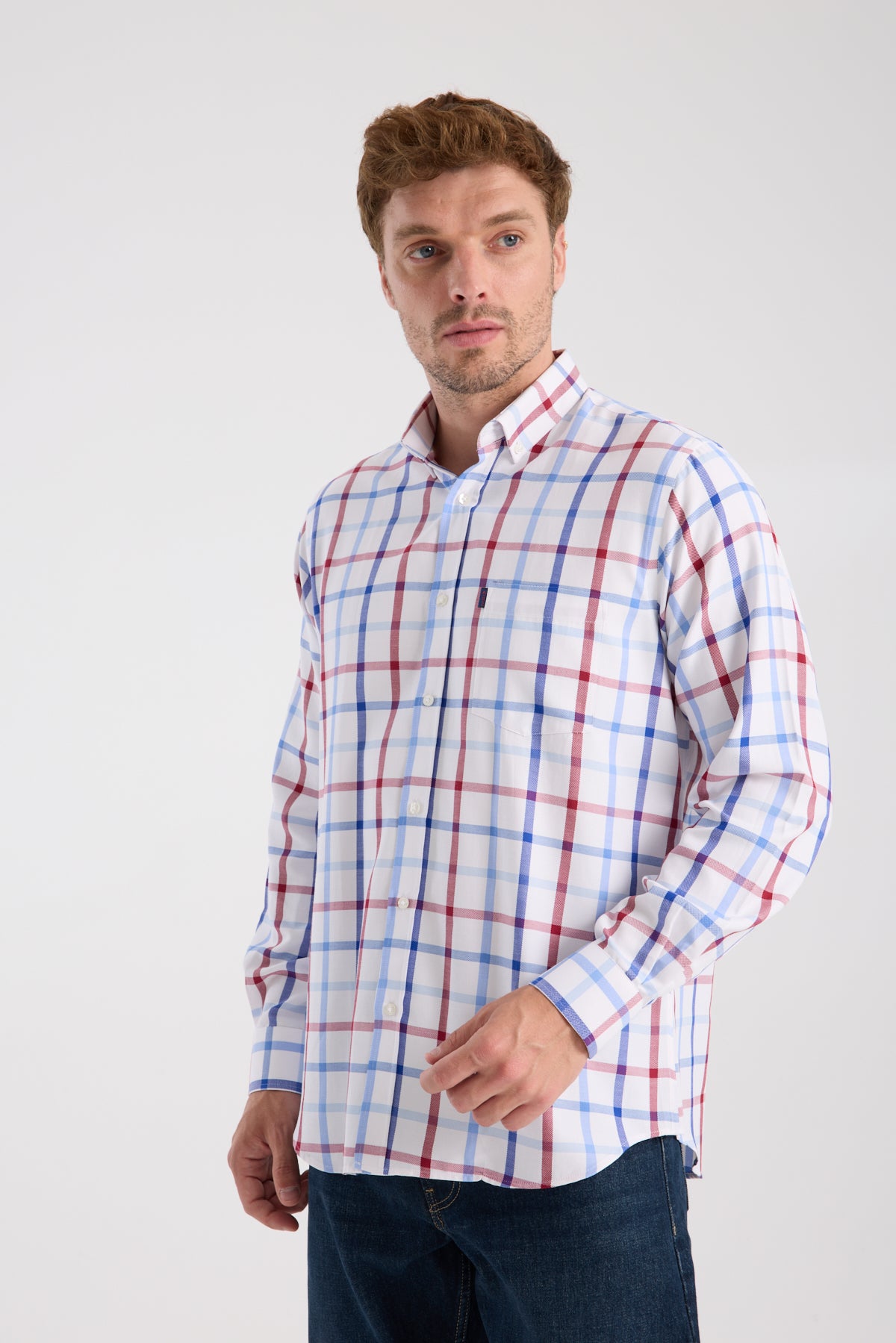 AClub AC10089 Oxford Pamuk Karışımlı Regular Fit Kırmızı Düğmeli Yaka Erkek Kareli Gömlek