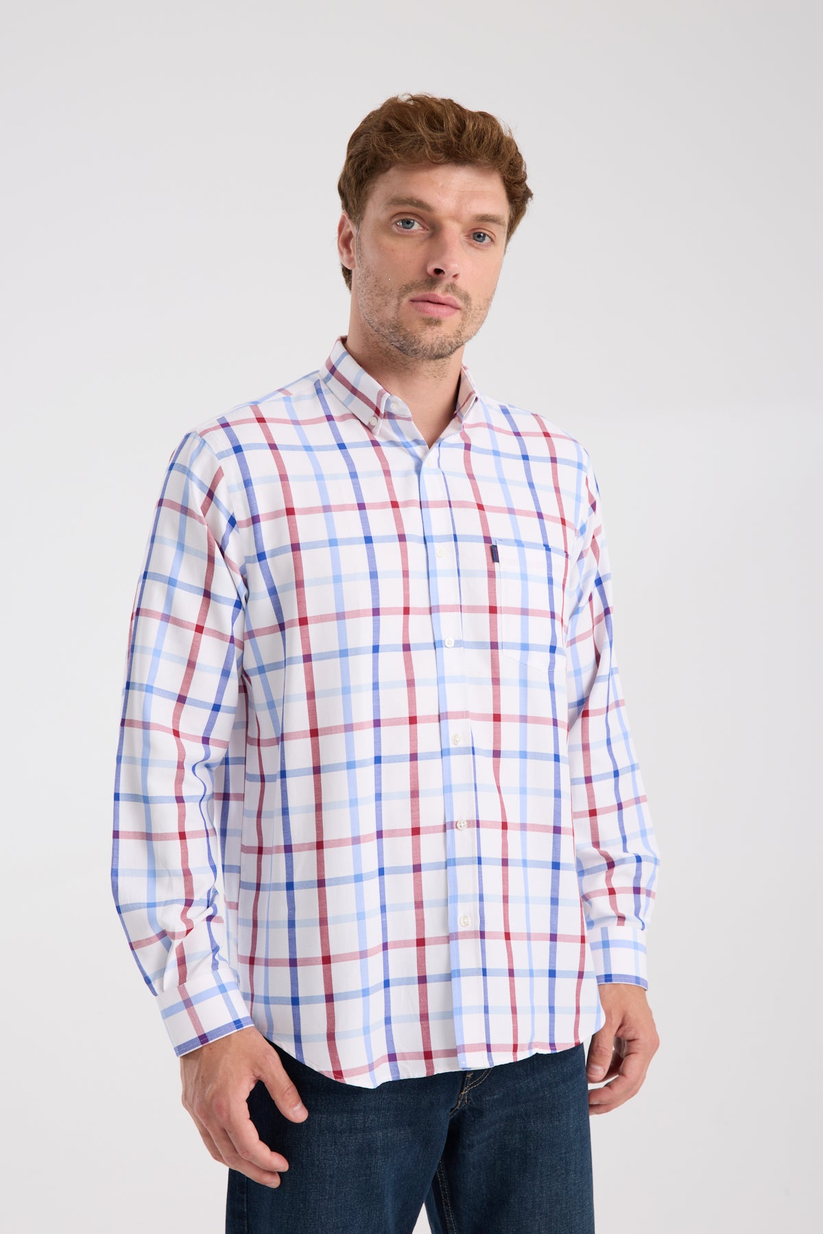 AClub AC10089 Oxford Pamuk Karışımlı Regular Fit Kırmızı Düğmeli Yaka Erkek Kareli Gömlek