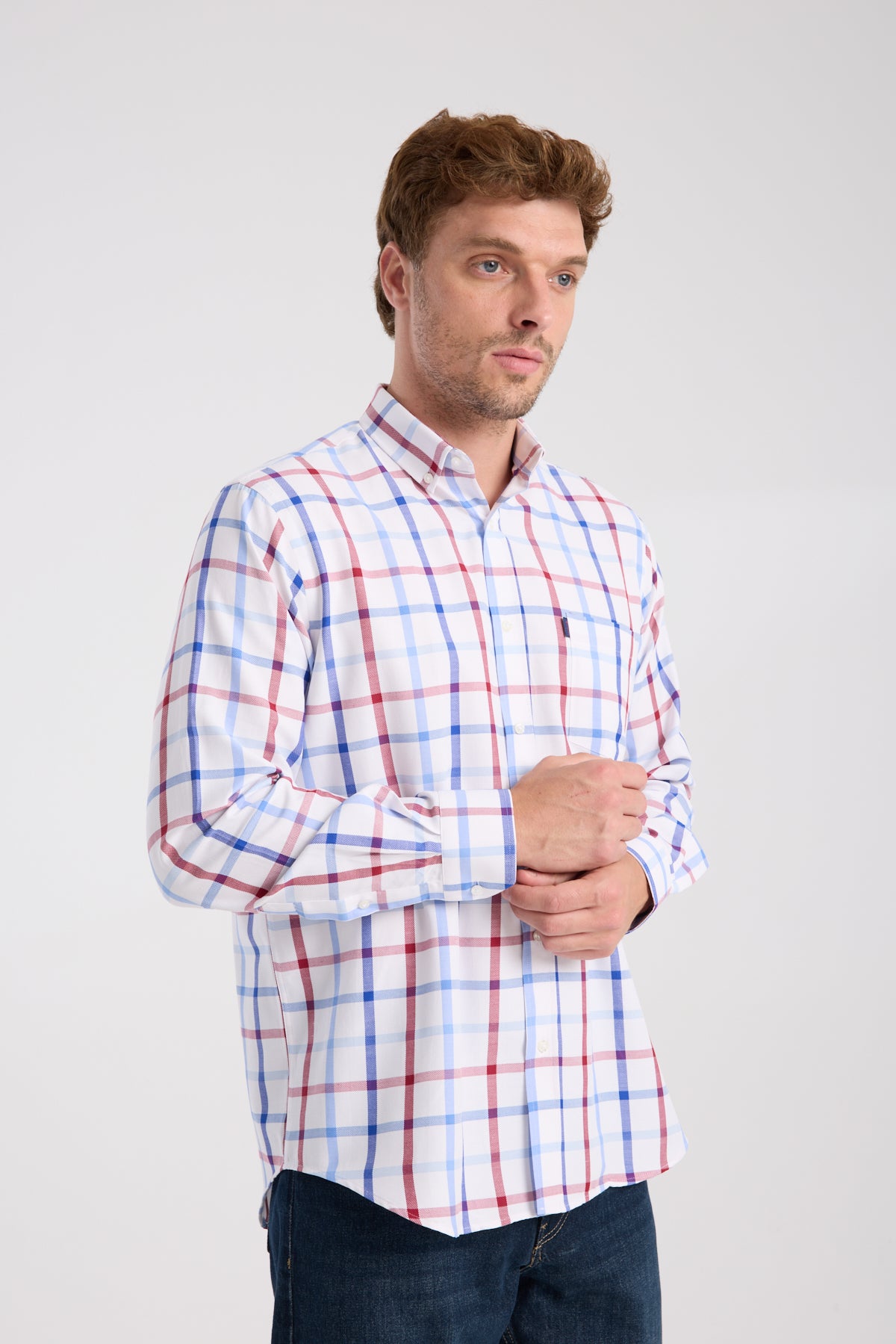 AClub AC10089 Oxford Pamuk Karışımlı Regular Fit Kırmızı Düğmeli Yaka Erkek Kareli Gömlek