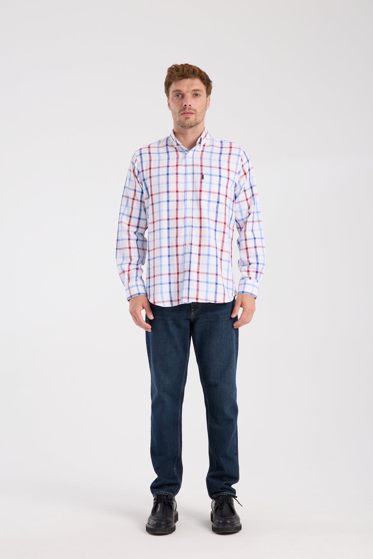 AClub AC10089 Oxford Pamuk Karışımlı Regular Fit Kırmızı Düğmeli Yaka Erkek Kareli Gömlek
