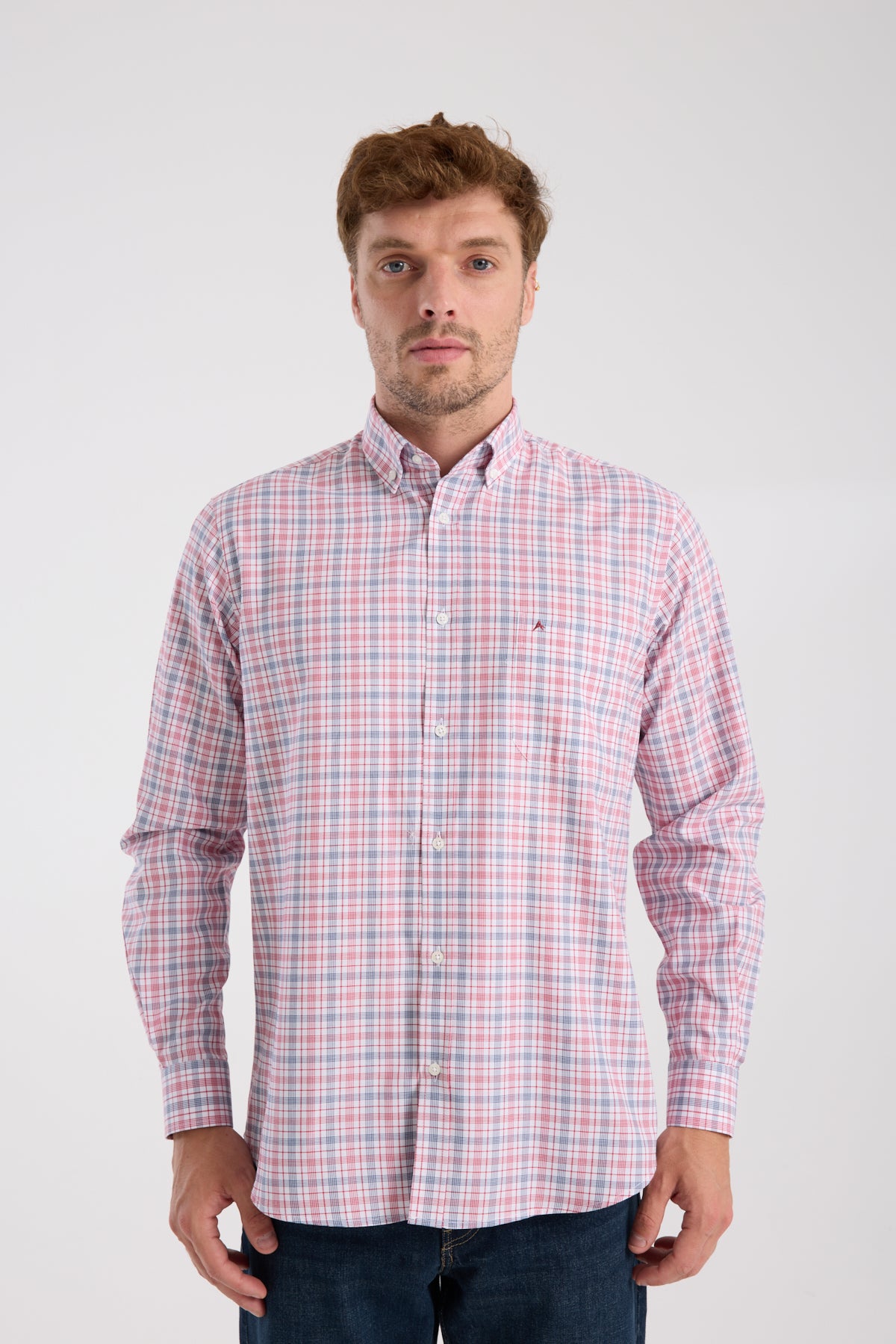 AClub AC10090 Oxford Pamuk Karışımlı Regular Fit Kırmızı Düğmeli Yaka Erkek Kareli Gömlek