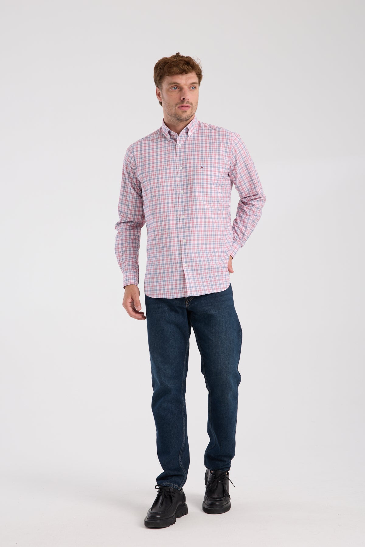 AClub AC10090 Oxford Pamuk Karışımlı Regular Fit Kırmızı Düğmeli Yaka Erkek Kareli Gömlek