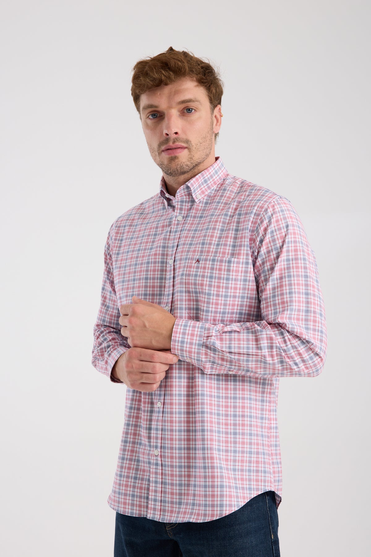 AClub AC10090 Oxford Pamuk Karışımlı Regular Fit Kırmızı Düğmeli Yaka Erkek Kareli Gömlek
