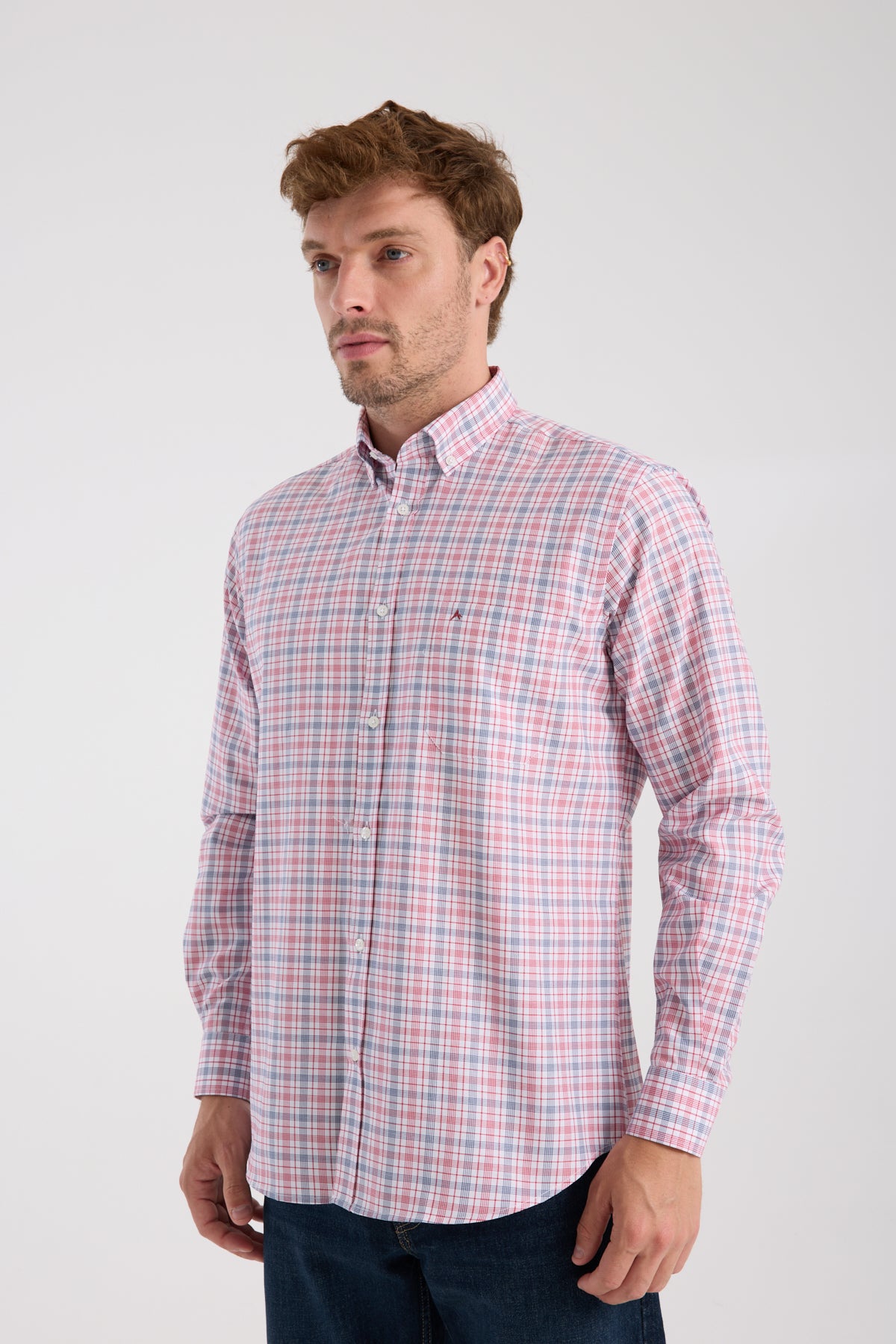 AClub AC10090 Oxford Pamuk Karışımlı Regular Fit Kırmızı Düğmeli Yaka Erkek Kareli Gömlek