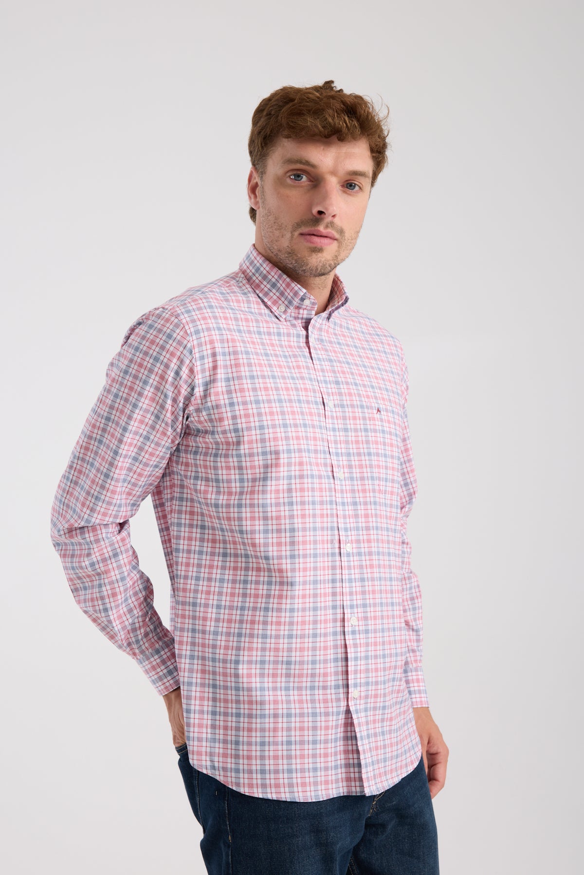 AClub AC10090 Oxford Pamuk Karışımlı Regular Fit Kırmızı Düğmeli Yaka Erkek Kareli Gömlek