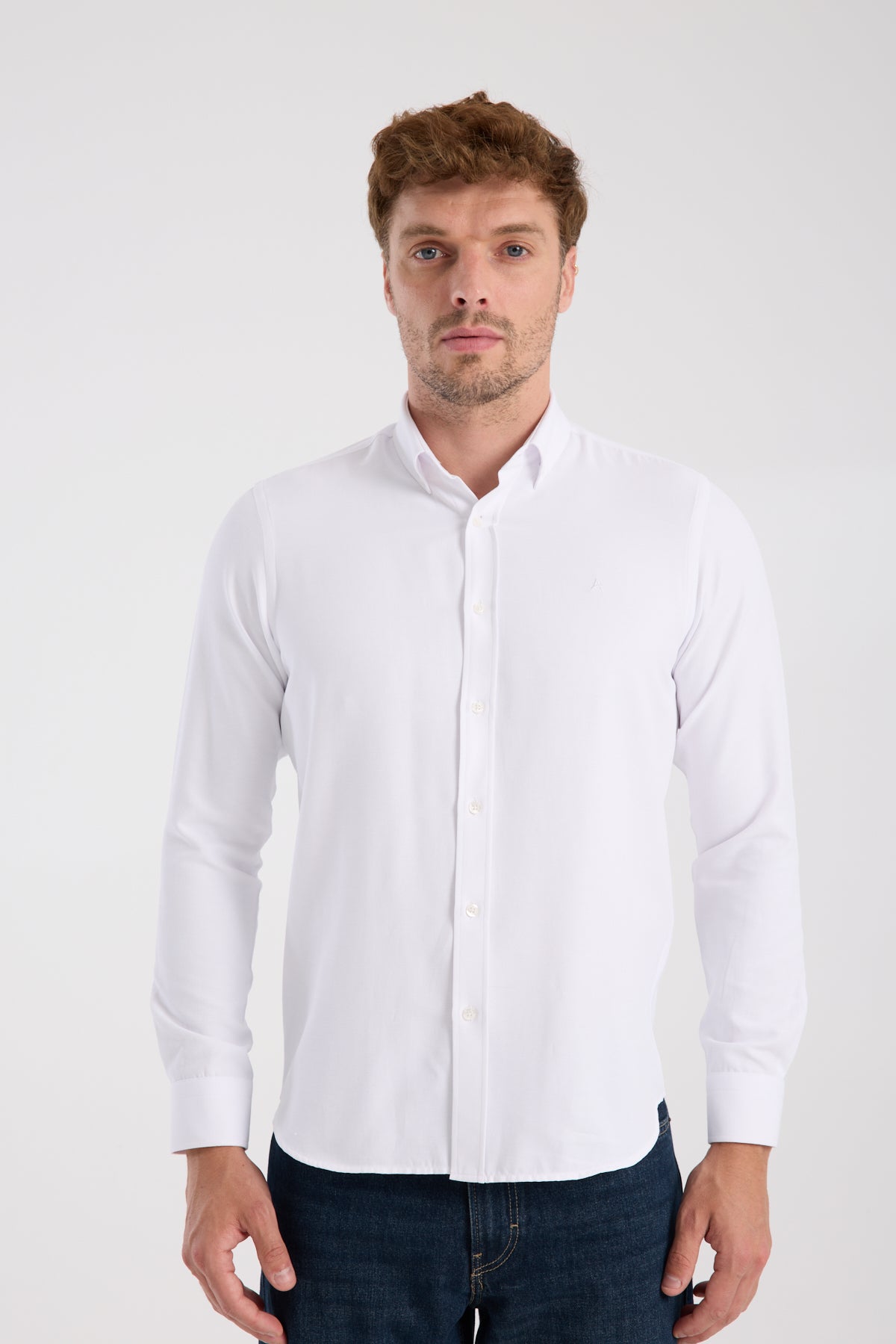 AClub AC10093 Oxford Pamuklu Slim Fit Beyaz Düğmeli Yaka Erkek Düz Gömlek