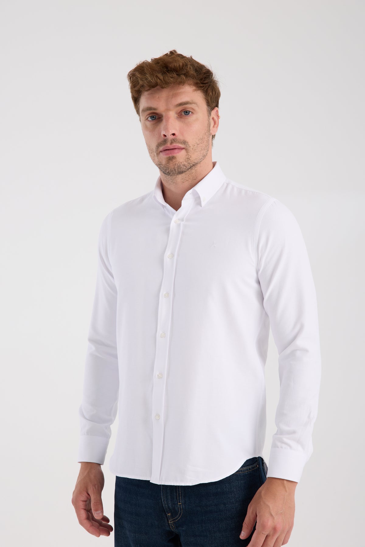 AClub AC10093 Oxford Pamuklu Slim Fit Beyaz Düğmeli Yaka Erkek Düz Gömlek