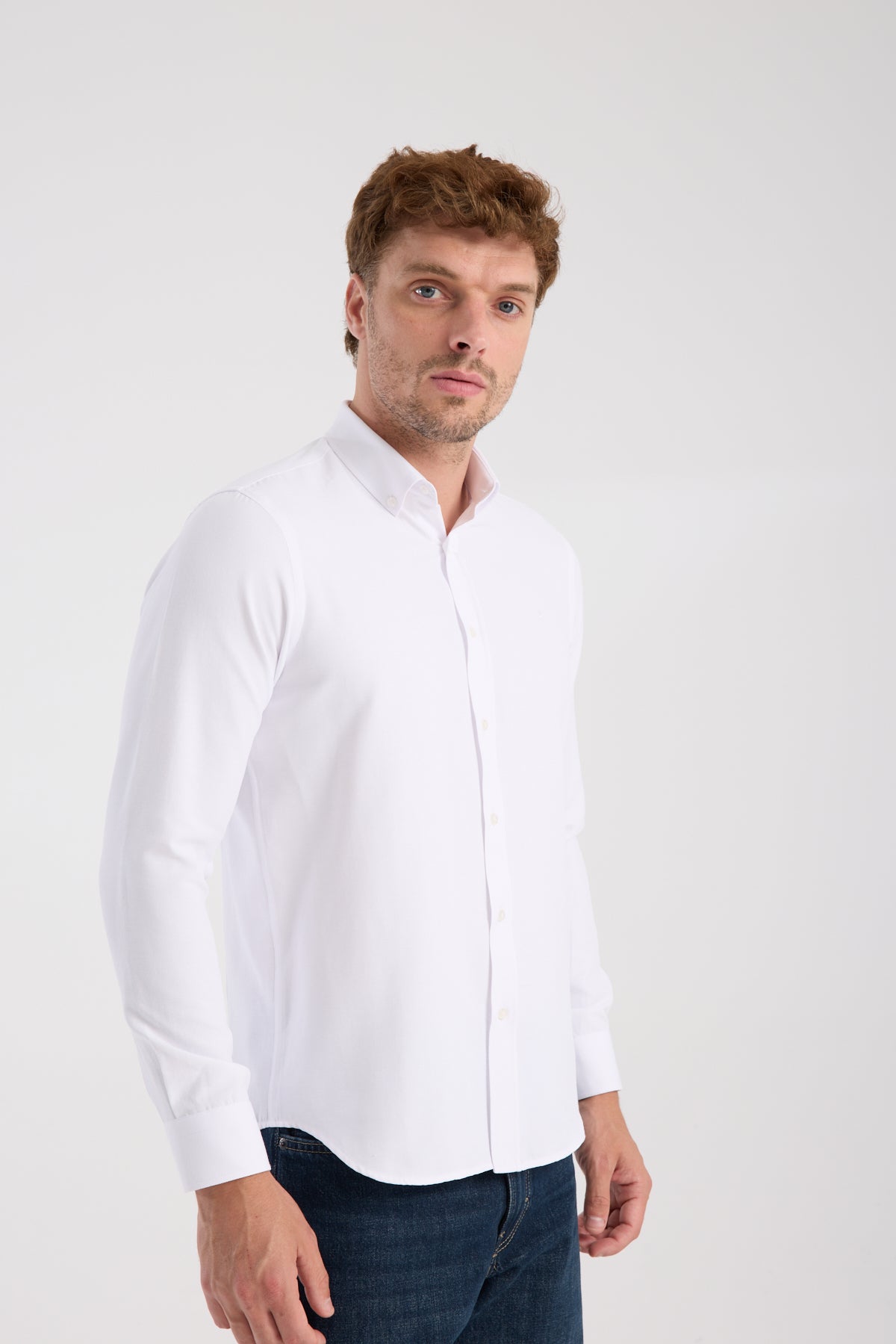 AClub AC10093 Oxford Pamuklu Slim Fit Beyaz Düğmeli Yaka Erkek Düz Gömlek