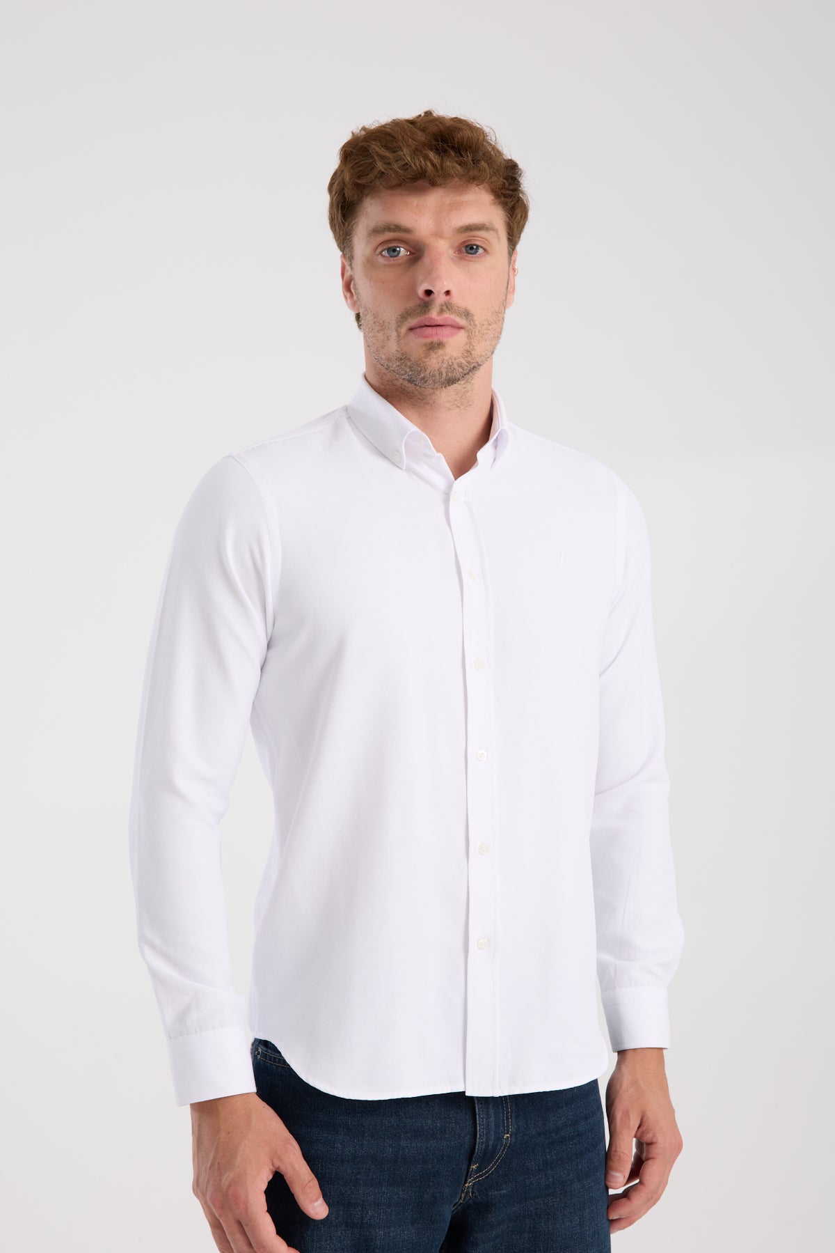 AClub AC10093 Oxford Pamuklu Slim Fit Beyaz Düğmeli Yaka Erkek Düz Gömlek