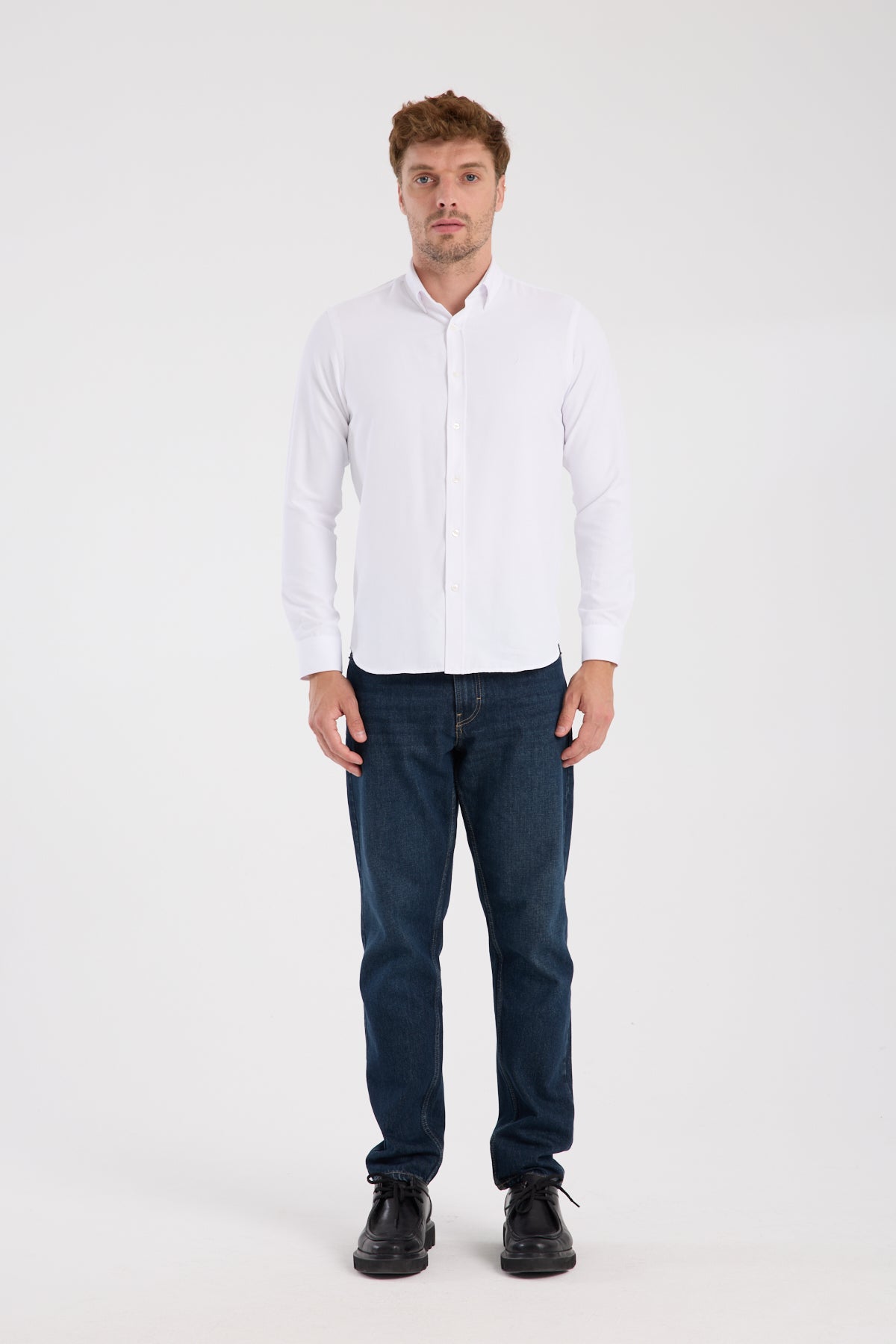 AClub AC10093 Oxford Pamuklu Slim Fit Beyaz Düğmeli Yaka Erkek Düz Gömlek