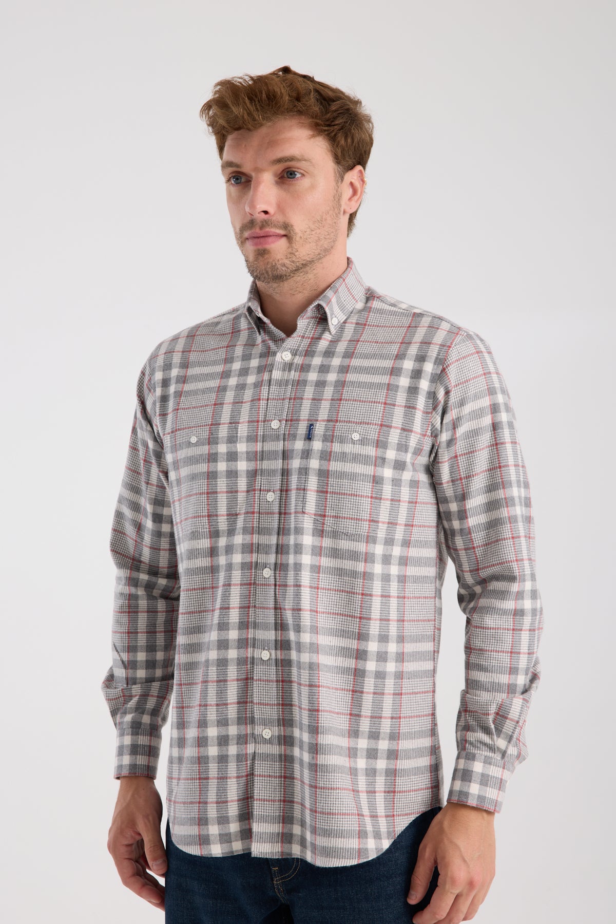 AClub AC10094 Flanel Pamuk Karışımlı Regular Fit Gri Düğmeli Yaka Erkek Kareli Gömlek