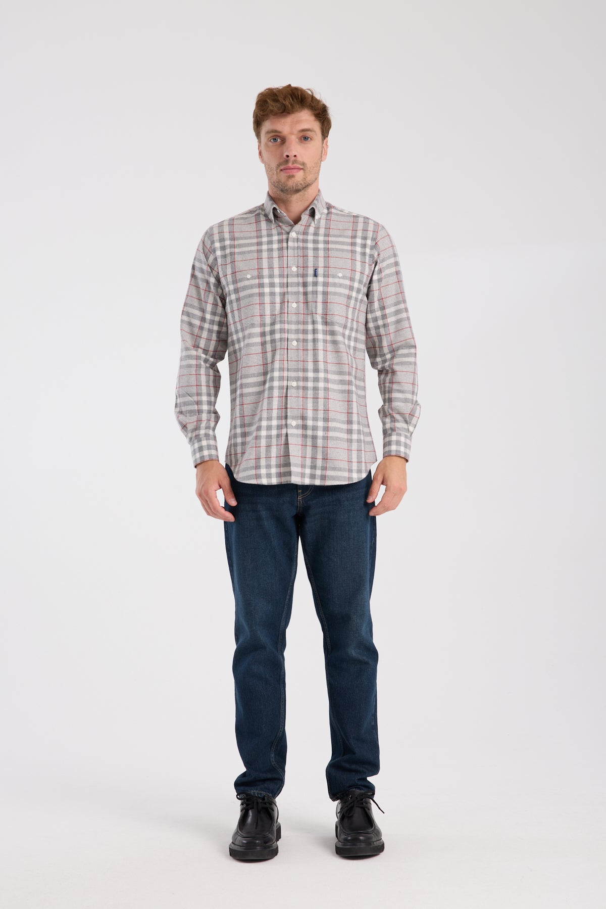 AClub AC10094 Flanel Pamuk Karışımlı Regular Fit Gri Düğmeli Yaka Erkek Kareli Gömlek