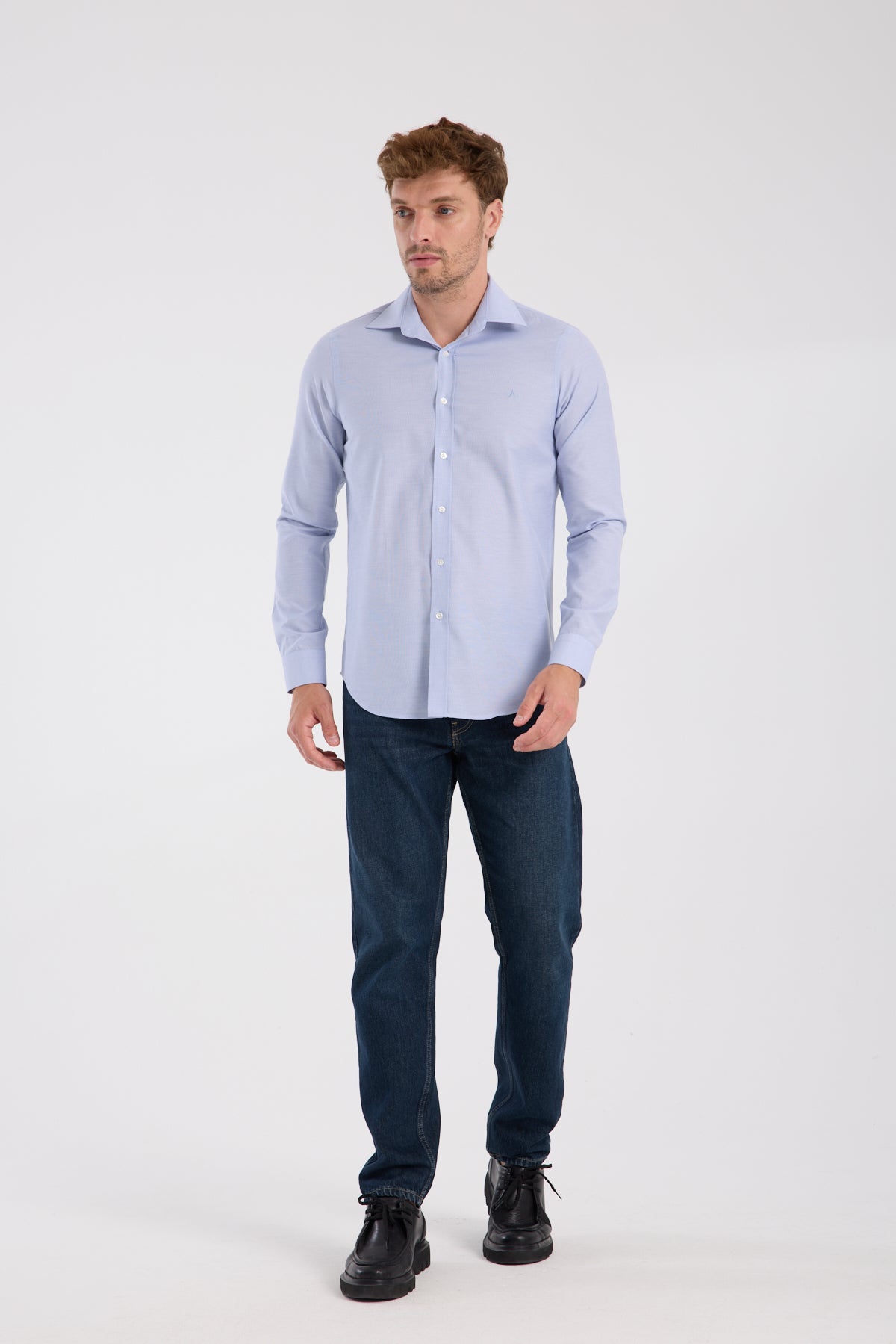 AClub AC10096 Oxford Pamuklu Slim Fit Mavi Klasik Yaka Erkek Düz Gömlek