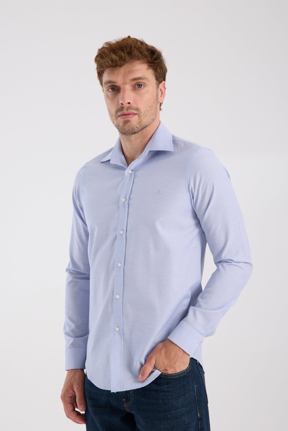 AClub AC10096 Oxford Pamuklu Slim Fit Mavi Klasik Yaka Erkek Düz Gömlek