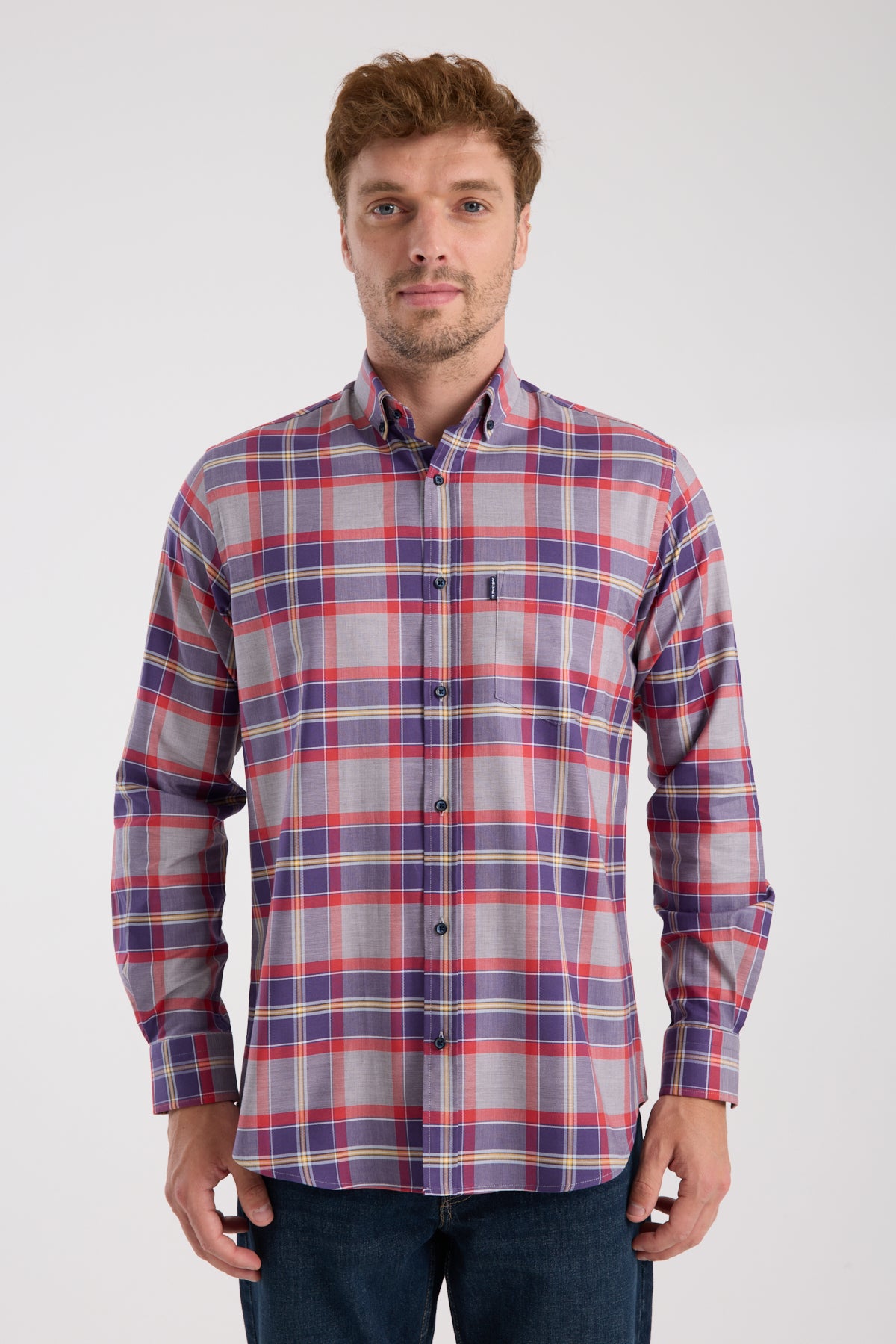 AClub AC10098 Twill Pamuklu Regular Fit Gri Düğmeli Yaka Erkek Kareli Gömlek