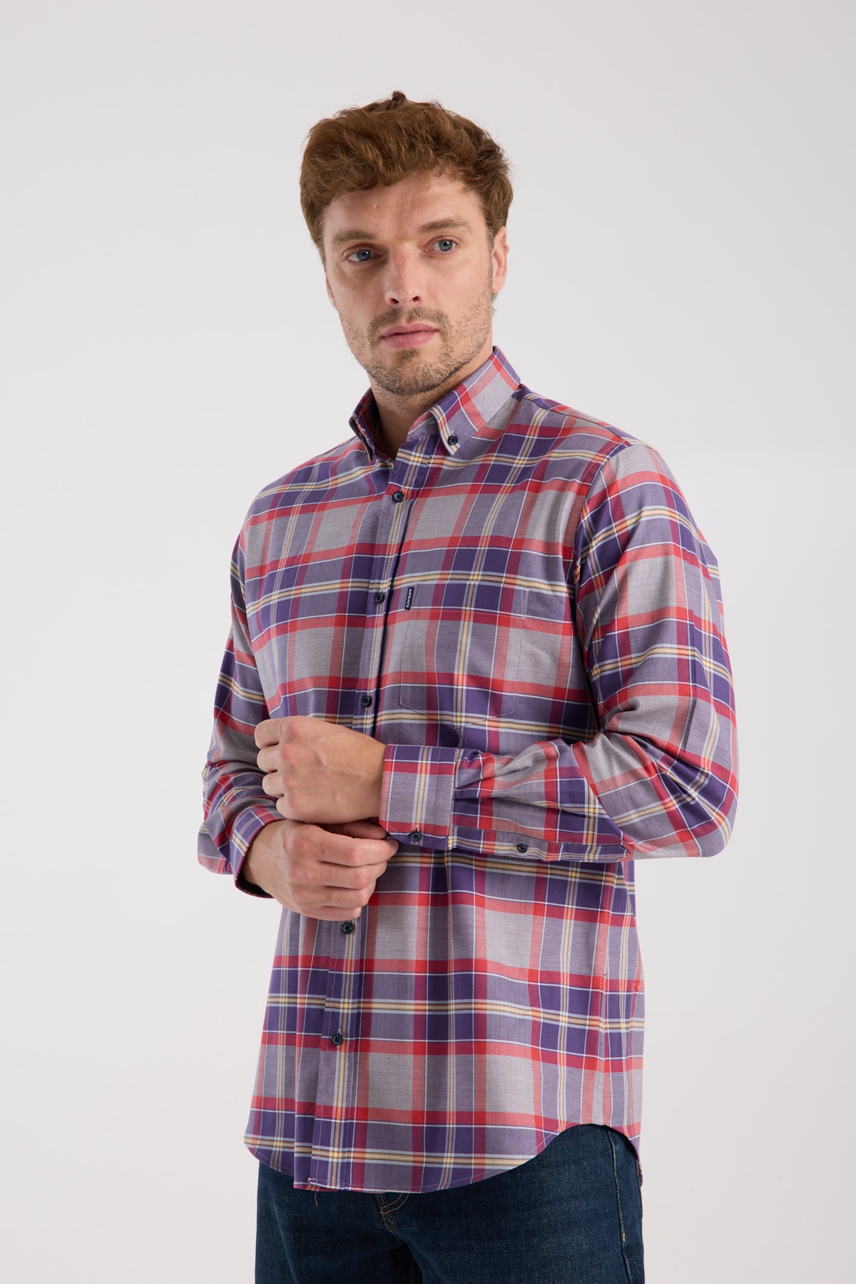 AClub AC10098 Twill Pamuklu Regular Fit Gri Düğmeli Yaka Erkek Kareli Gömlek